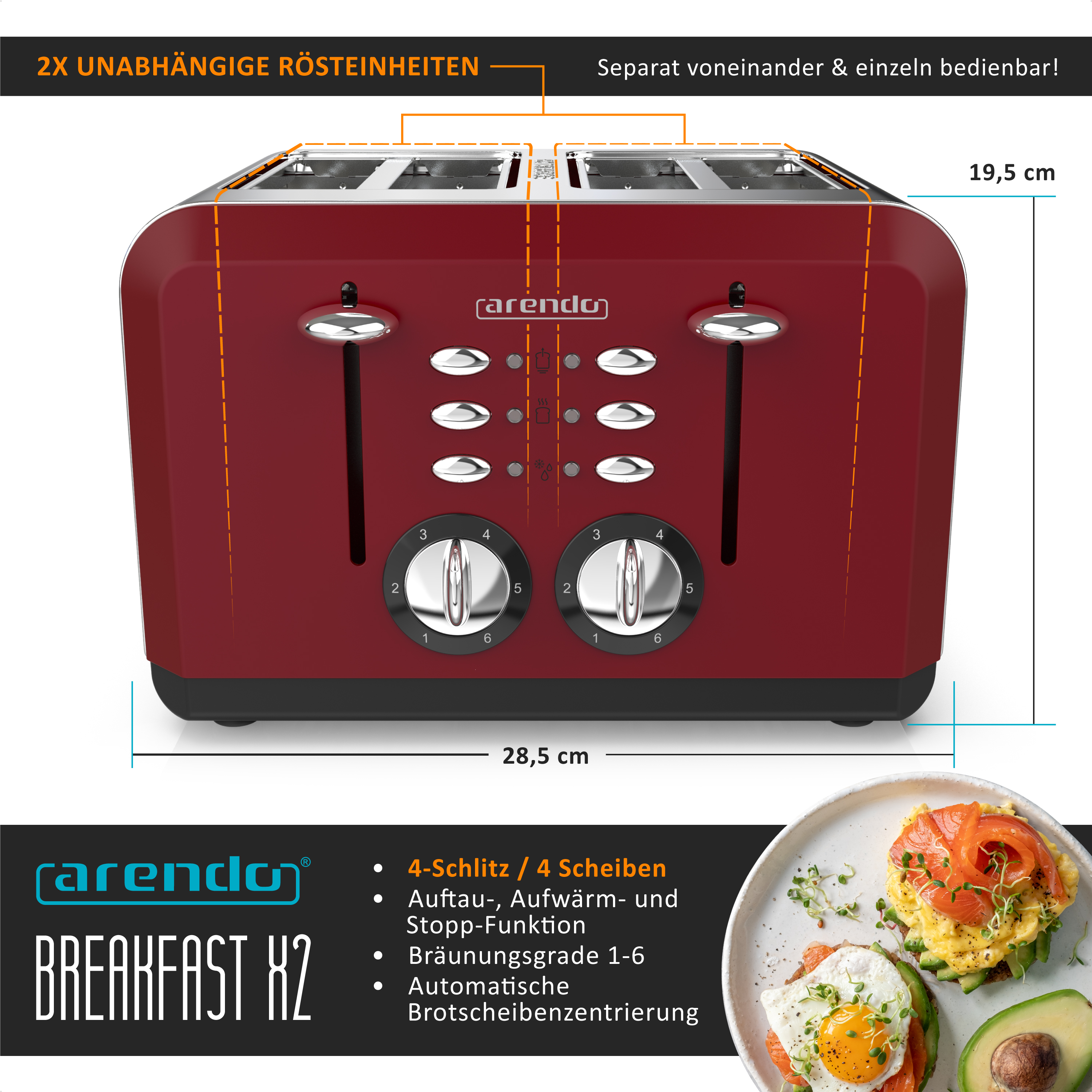 Roter Toaster mit zwei Schlitzen, jeweils mit Heizelementen. Der Toaster hat Knöpfe und einen Drehregler.