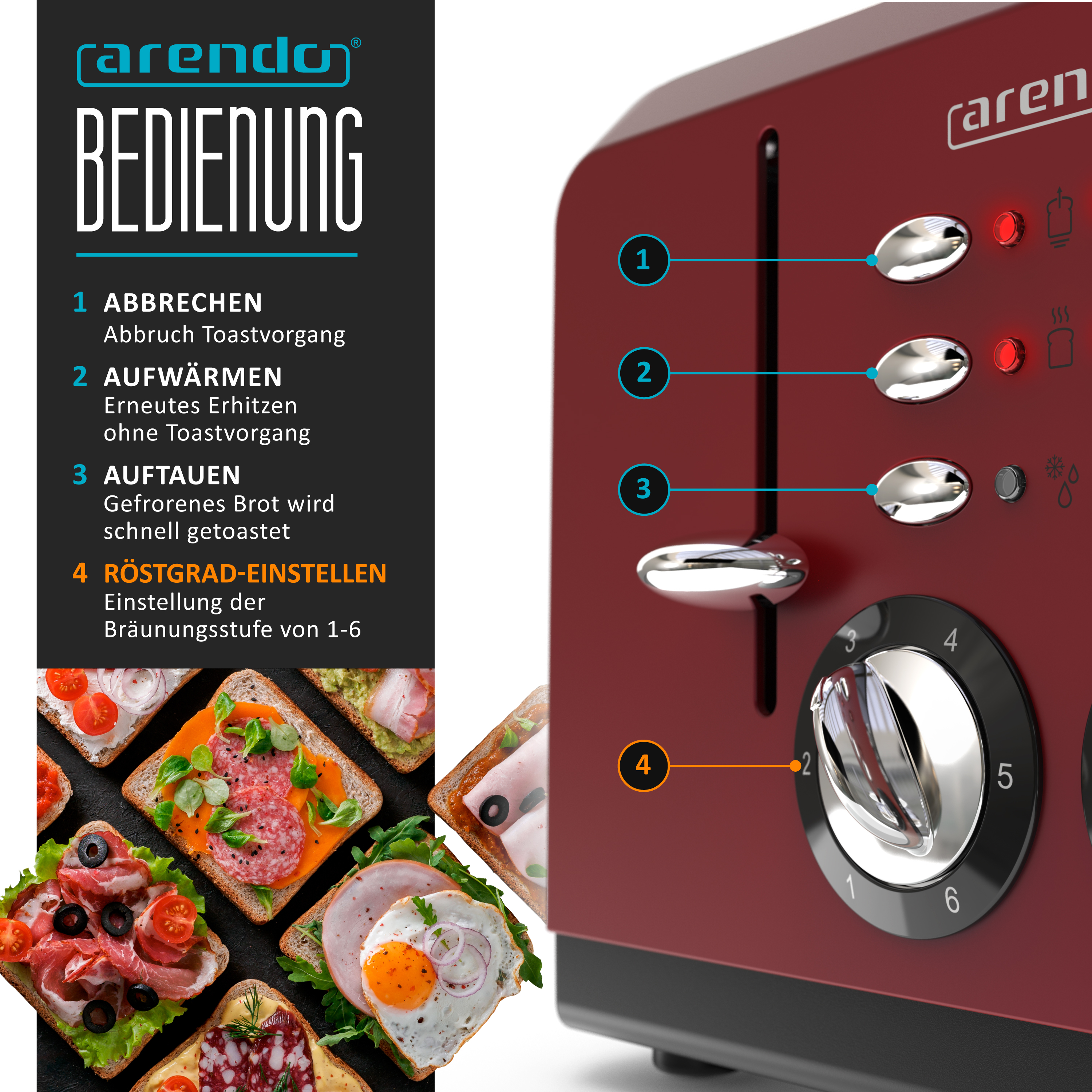 Nahaufnahme eines roten Toasters mit Knöpfen für verschiedene Einstellungen und einer Auswahl an Toastbrot.