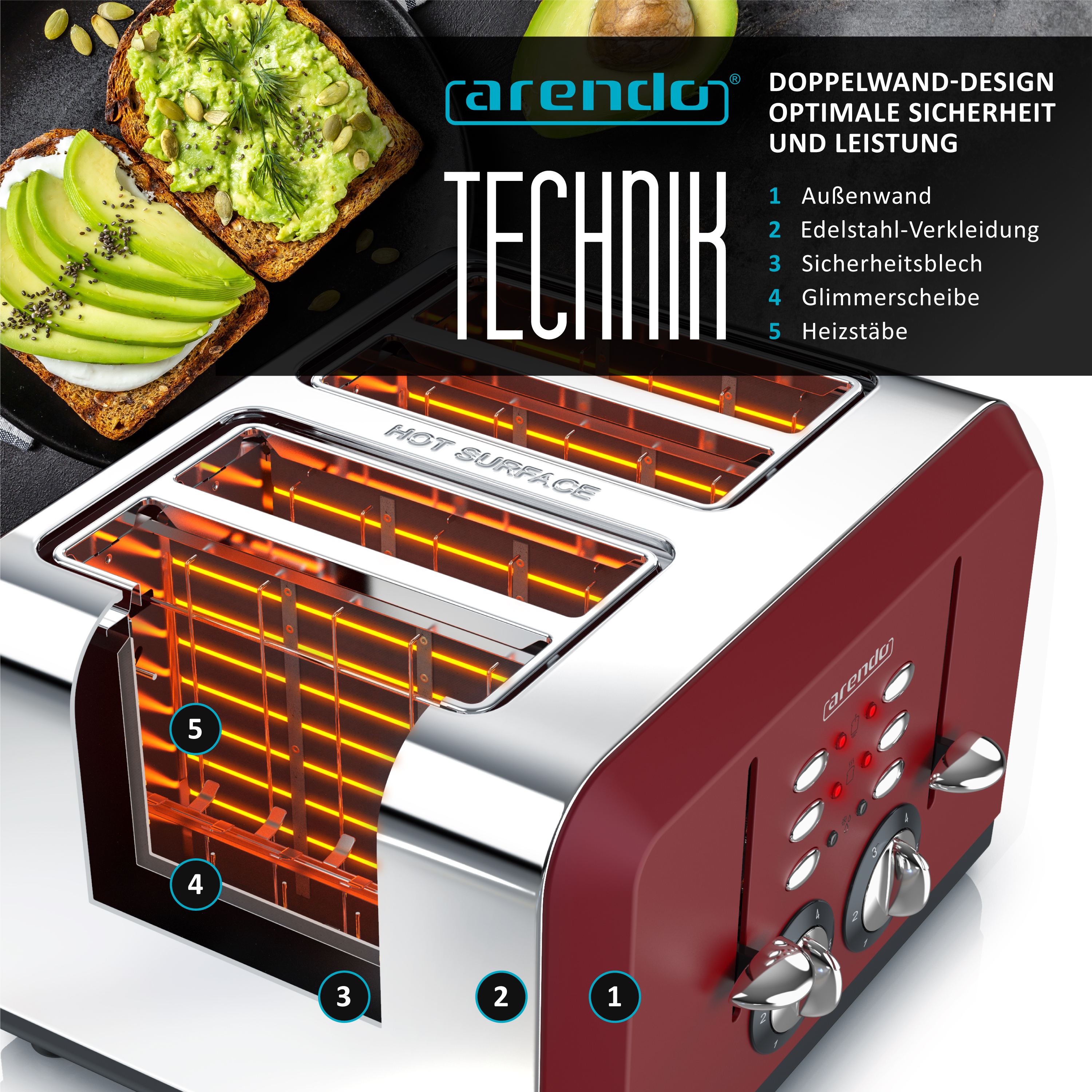 Toaster mit Innenteilen. Rotes Äußeres, silbernes Inneres. Toast mit Avocado.