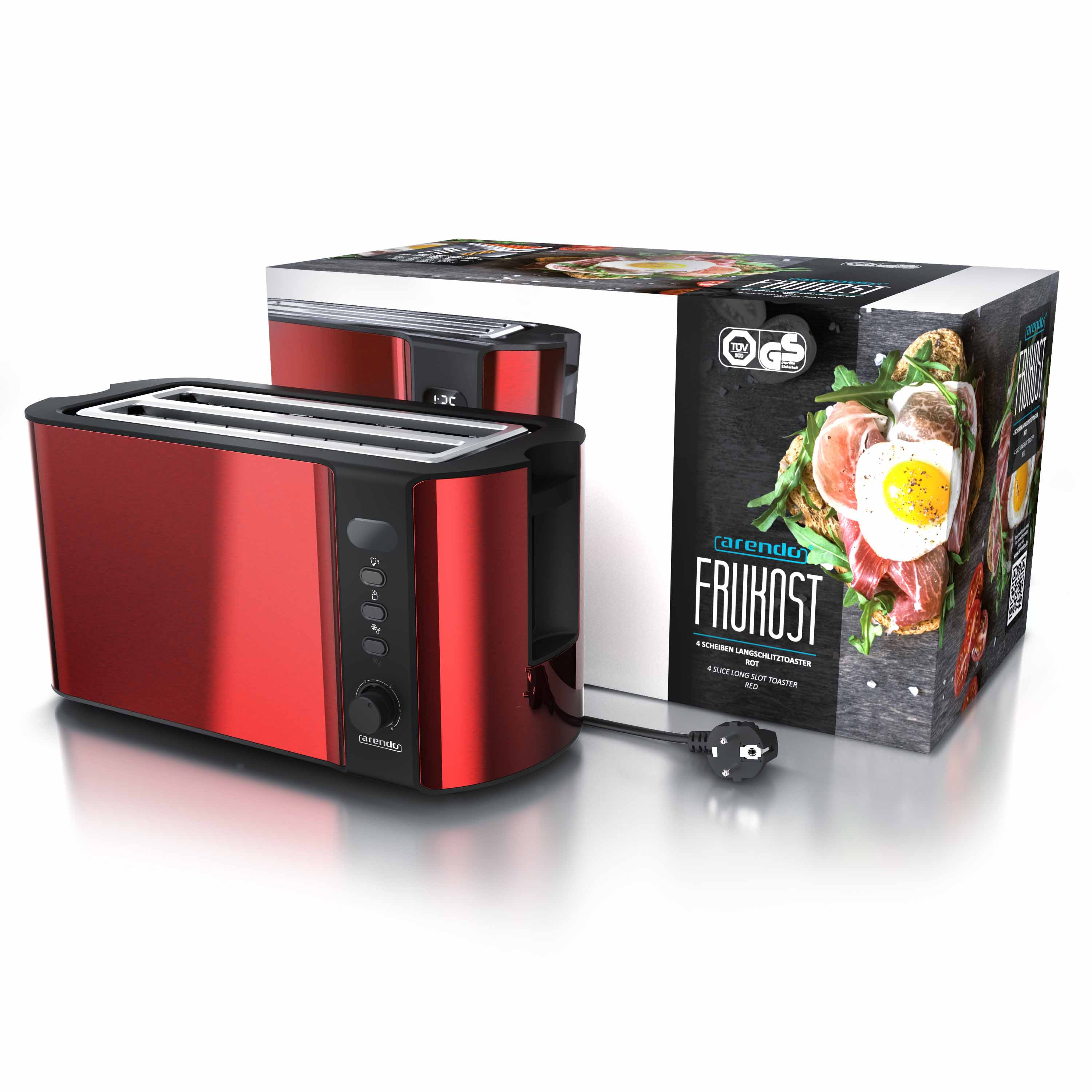 Roter Toaster, schwarzes Bedienfeld und eine Box mit Essensbildern.