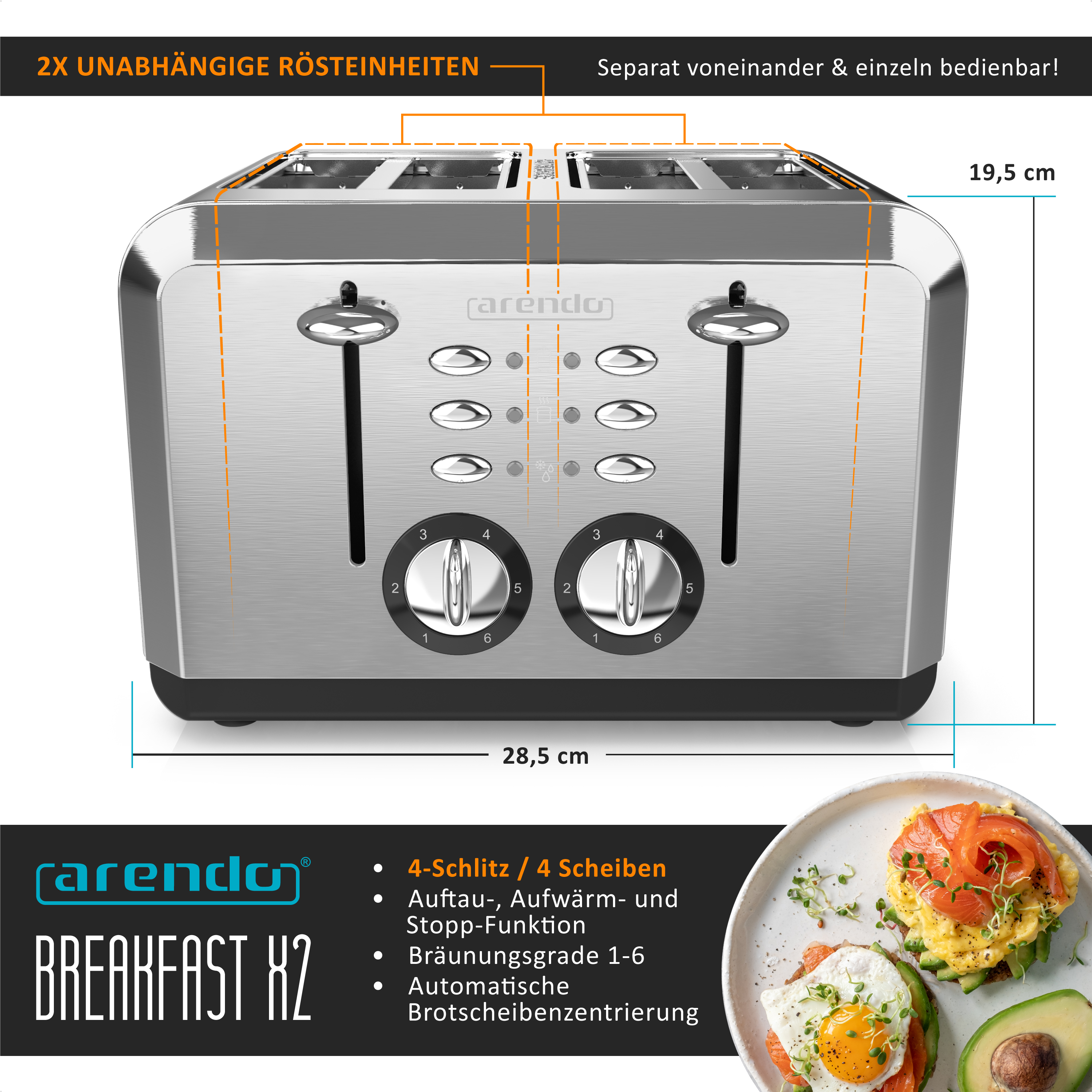 Ein silberner und schwarzer Toaster mit einem Teller mit Essen, Text über das Produkt.
