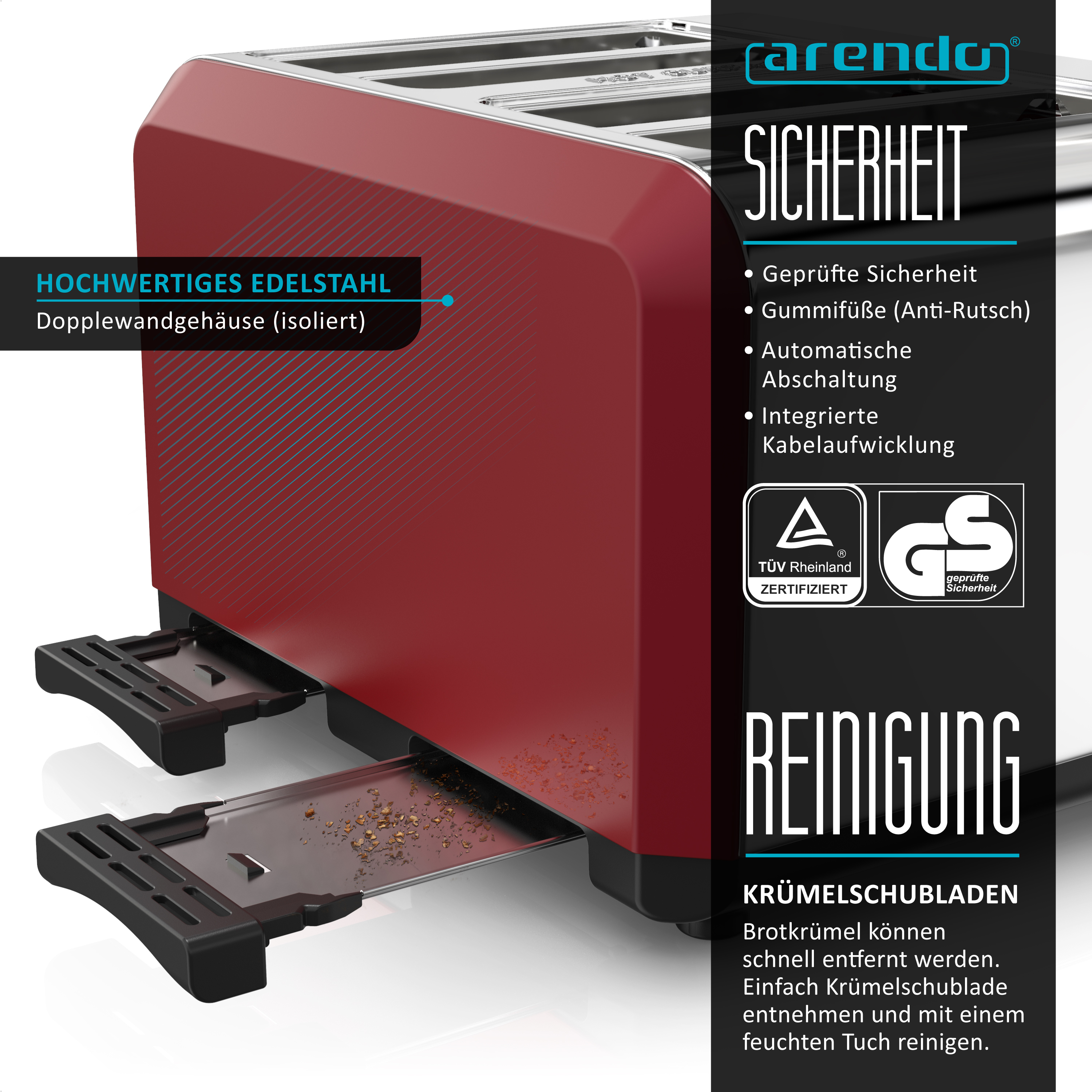 Ein roter und silberner Toaster mit Krümelschublade und Sicherheitszertifizierungen. Er besteht aus Edelstahl.