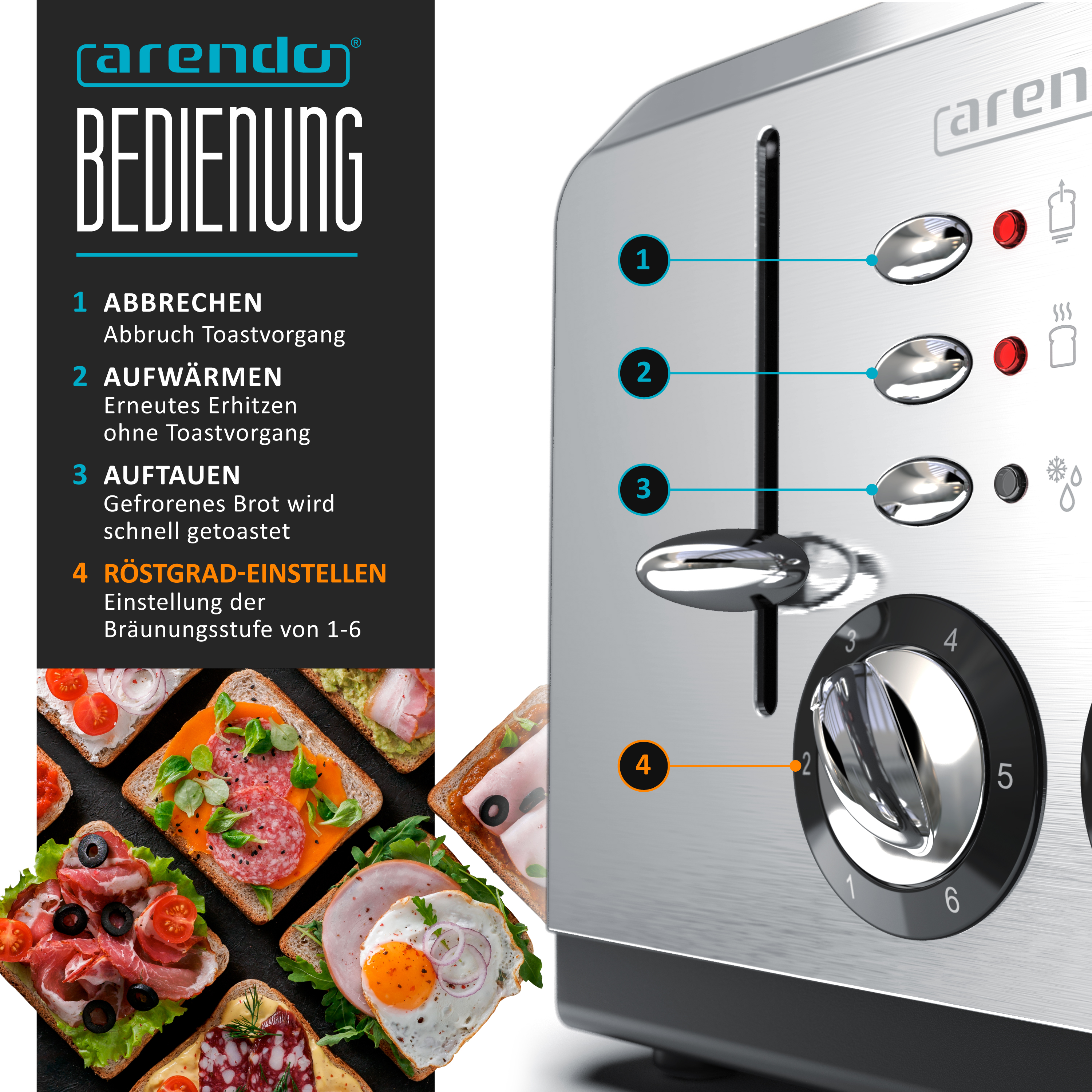 Nahaufnahme eines Edelstahl-Toasters mit Bedienfeld und einer Auswahl an geröstetem Brot.