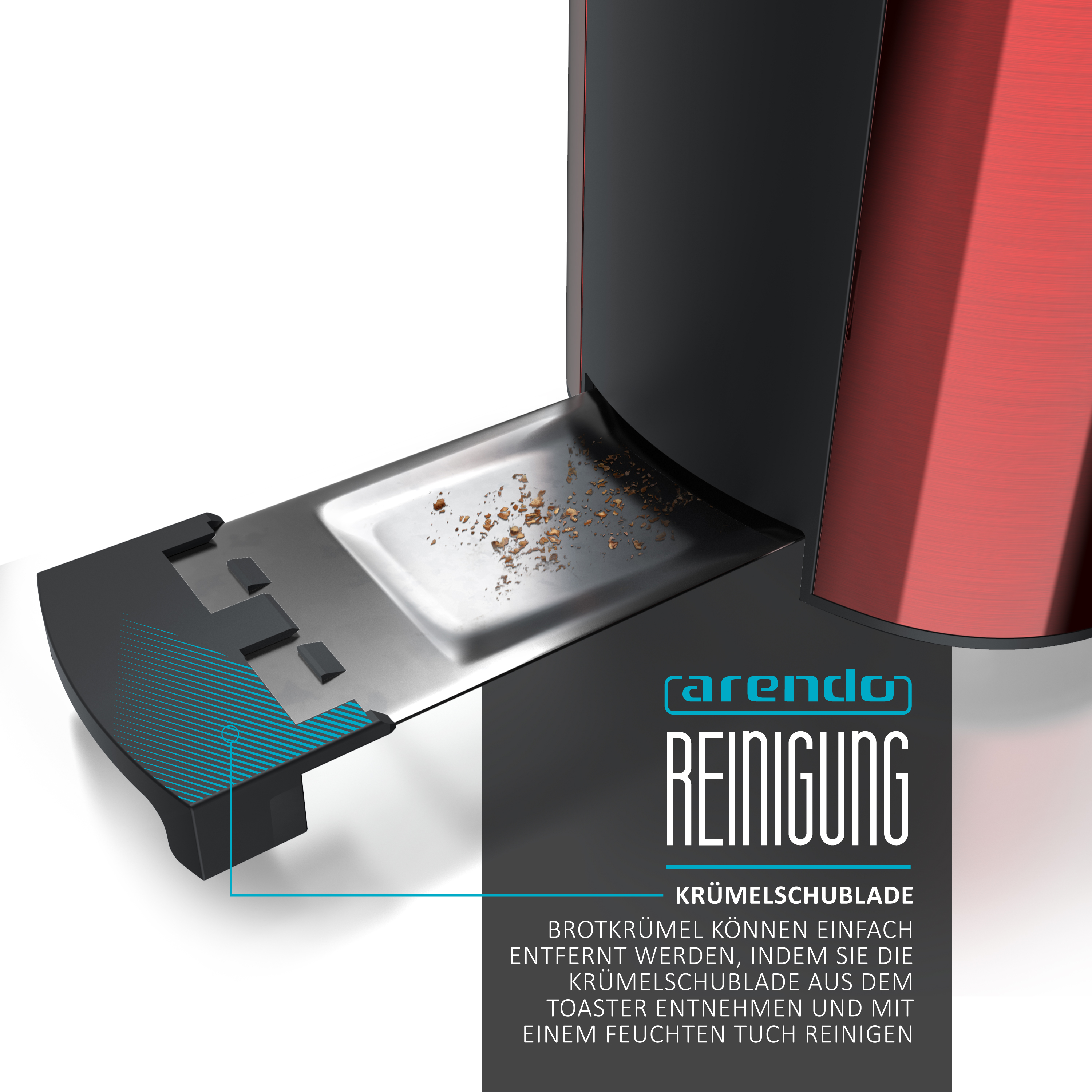 Roter und schwarzer Toaster mit offener Krümelschublade. Text lautet 'Reinigung', Anleitung zum Entfernen der Krümel.