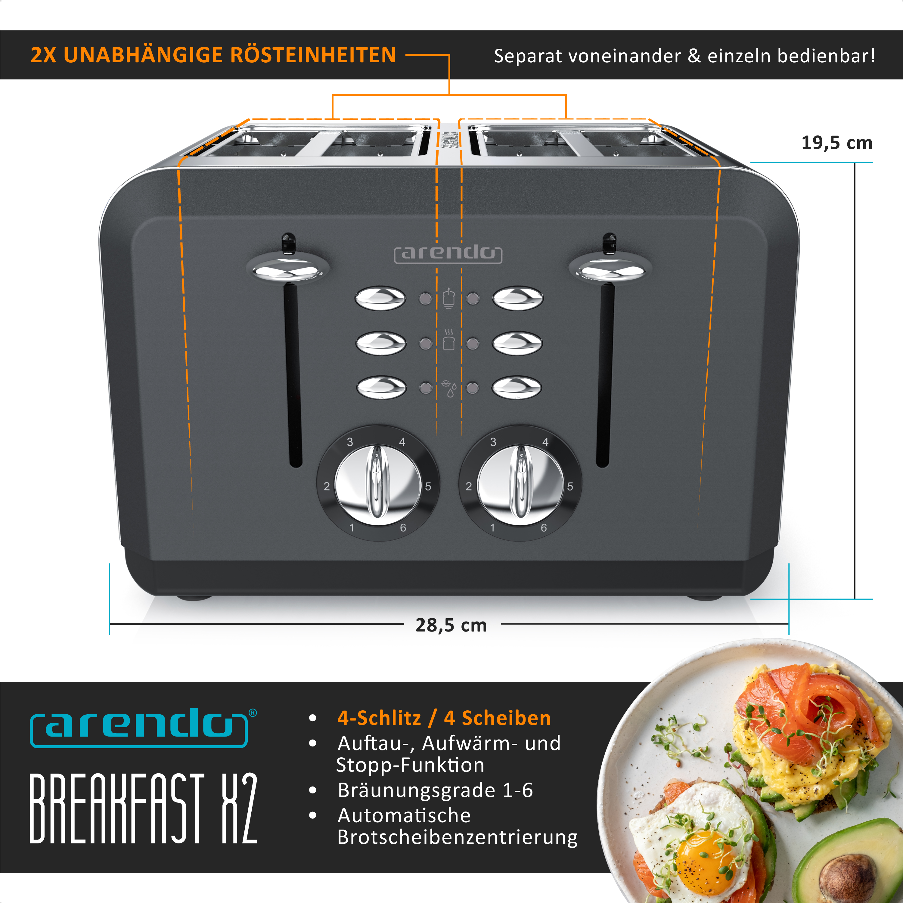 Ein schwarzer Toaster mit 4 Schlitzen, mit Produktdetails und Frühstücksessen.
