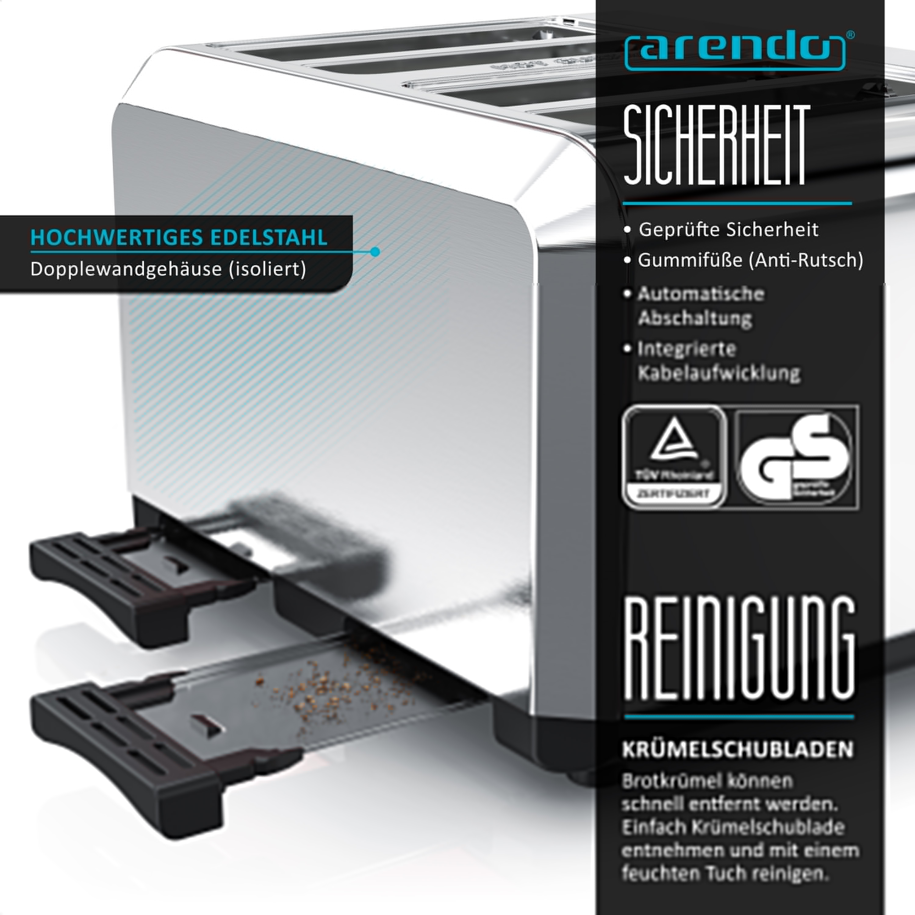 Ein Toaster mit Edelstahl und Text über hohe Qualität, Sicherheitsmerkmale und Reinigung.
