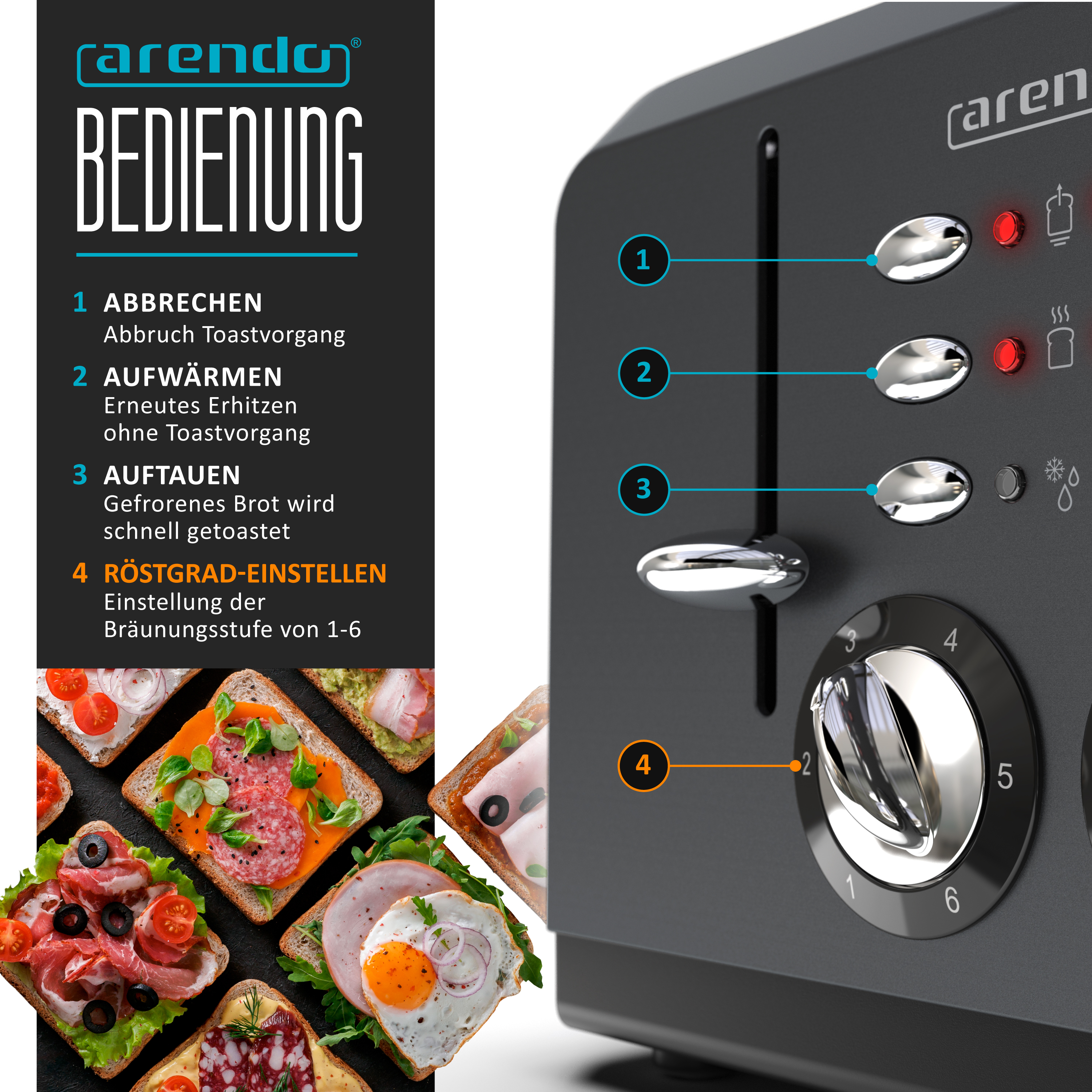 Schwarzer Toaster mit nummerierten Knöpfen und Drehreglern, Toastscheiben in der linken unteren Ecke.