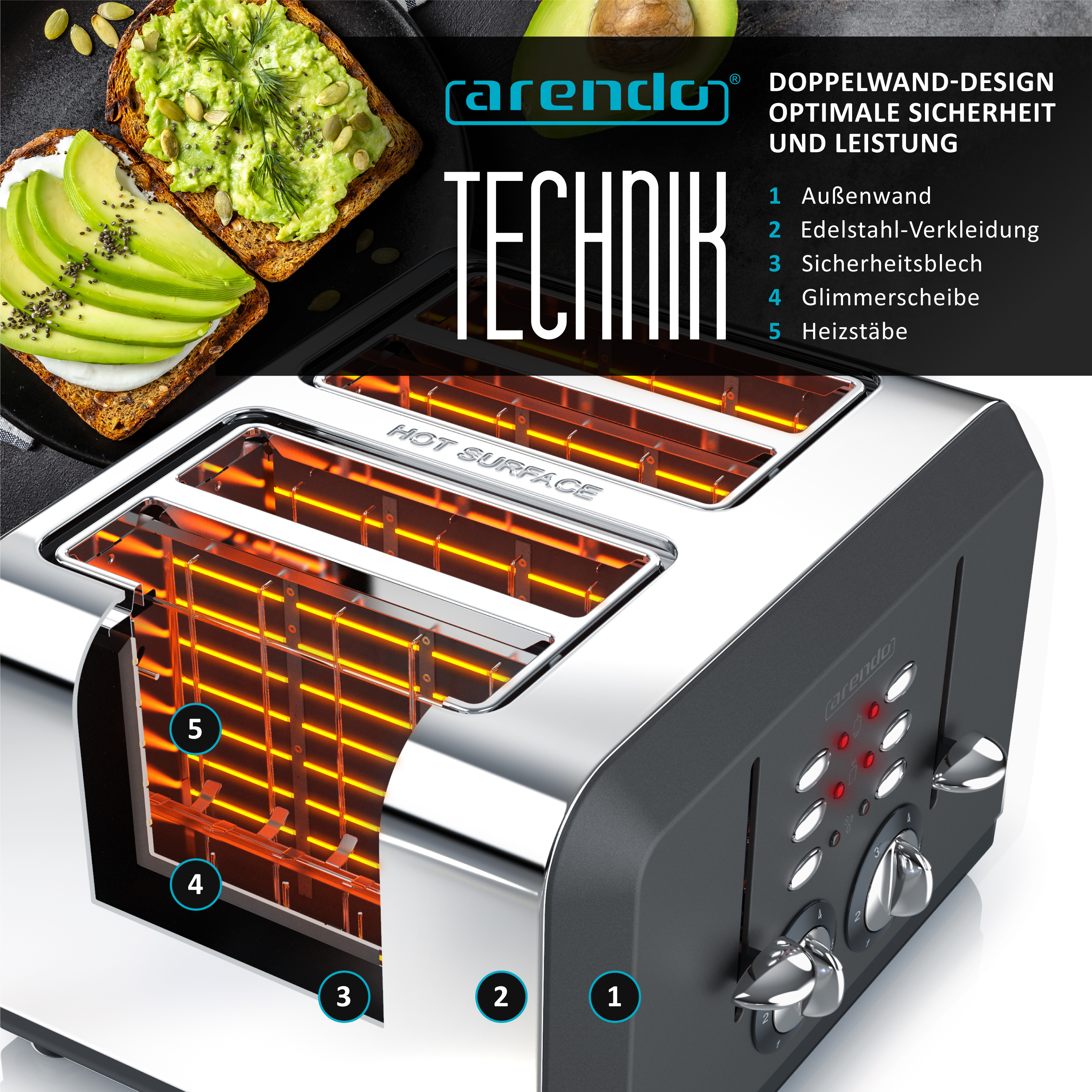 Toaster mit getoastetem Brot. Zeigt interne Heizelemente und Bedienelemente.