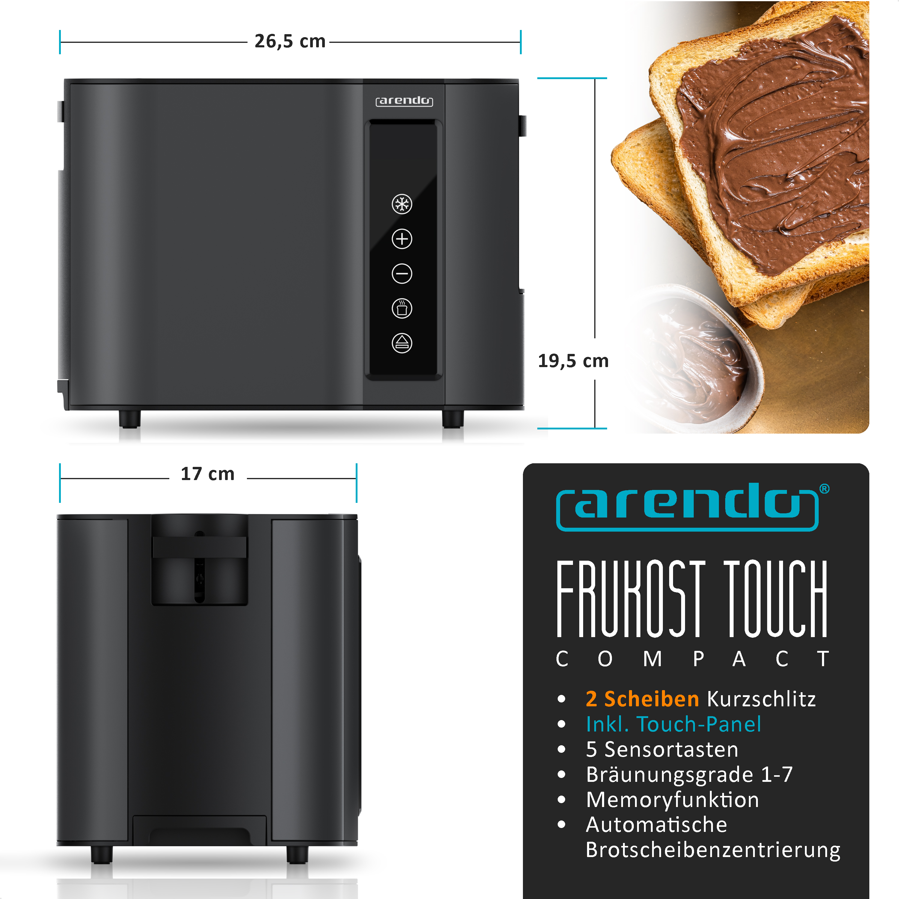 Schwarzer Toaster mit Maßen und ein Toaster mit Toast und Aufstrich auf Weiß.
