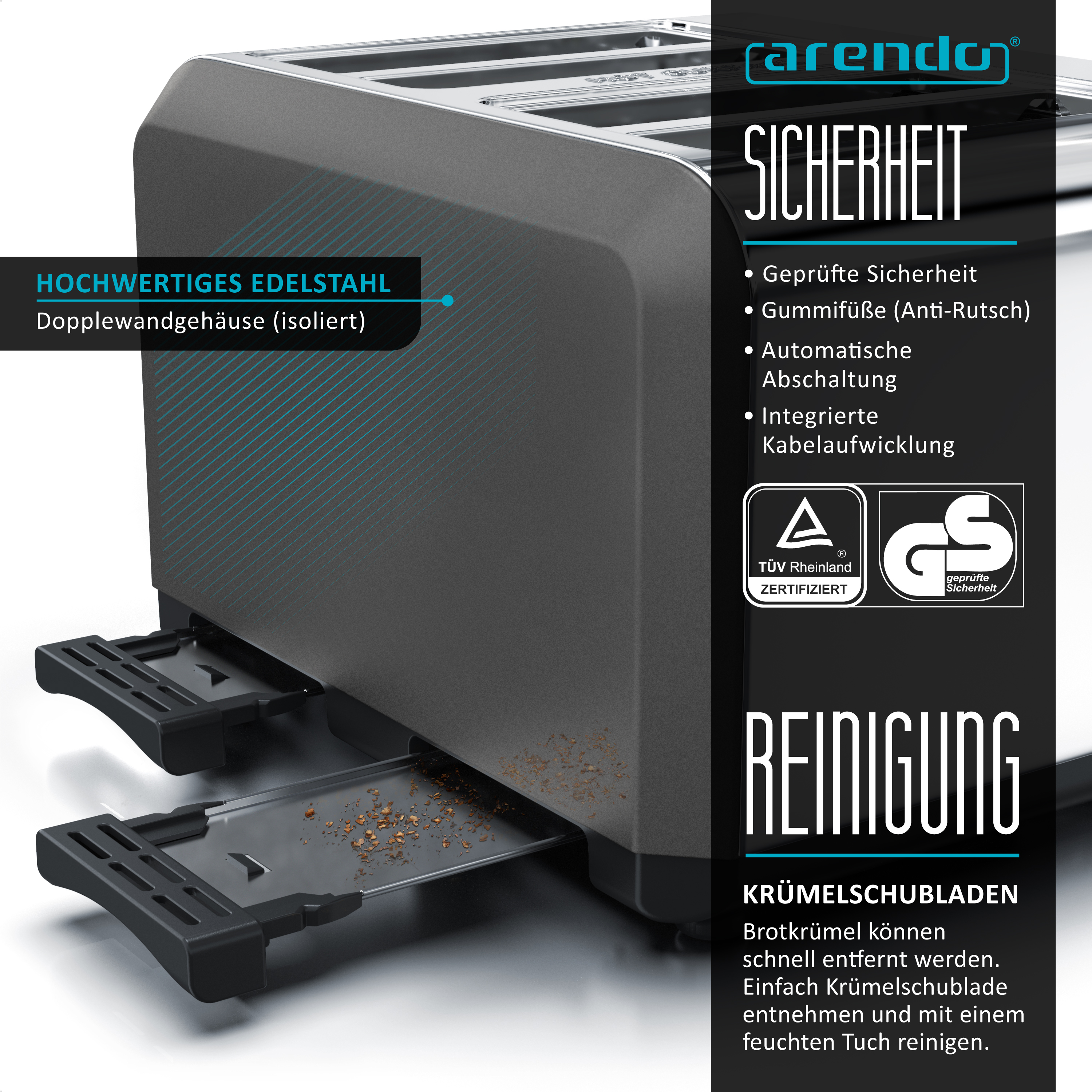 Silberner Toaster mit schwarzer Krümelschublade. Text zeigt Funktionen wie Sicherheit und Reinigung.