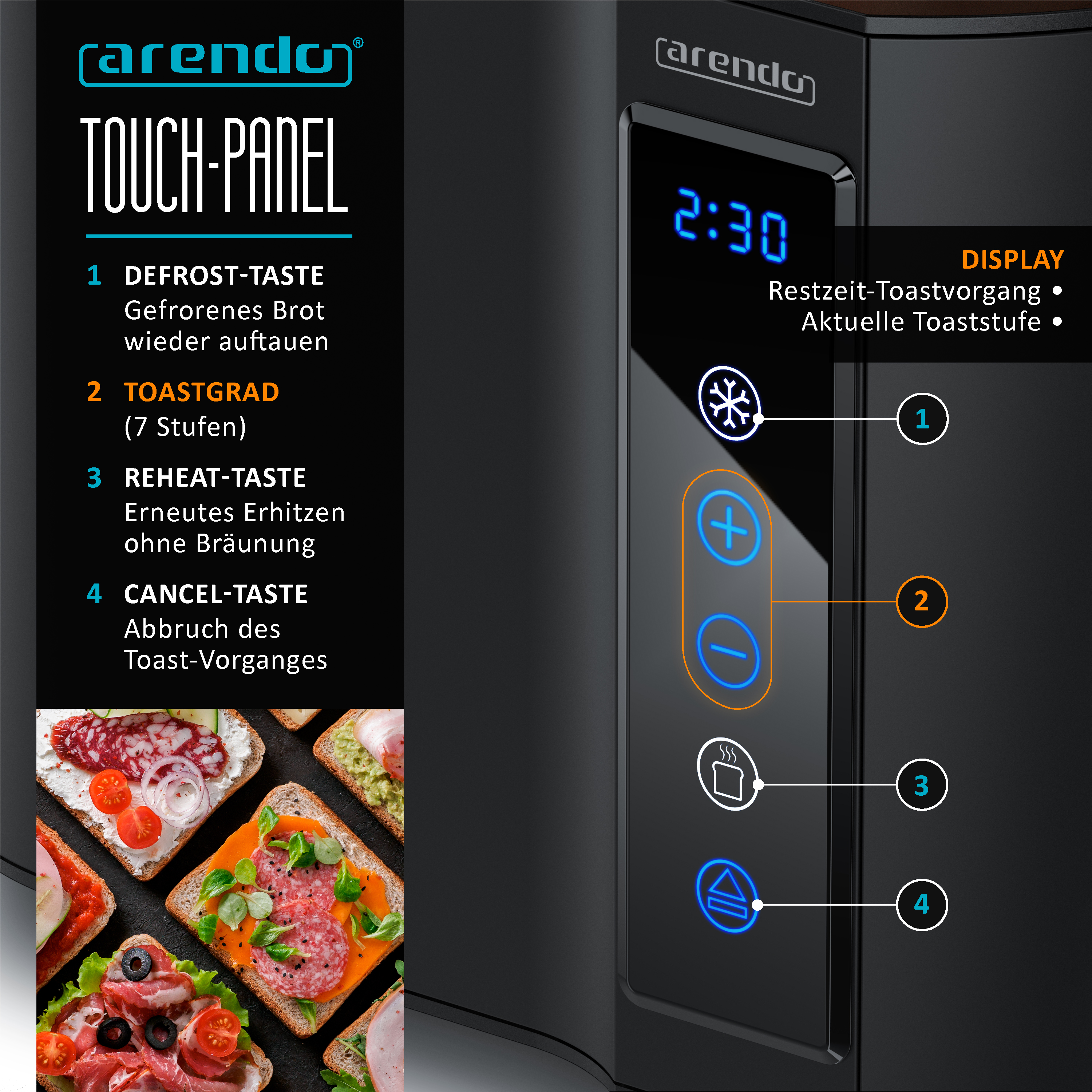 Schwarzer Toaster mit Touch-Panel und Display. Er zeigt die Zeit 2:30 an und hat Tasten für Auftauen, Toasten, Aufwärmen und Abbrechen.