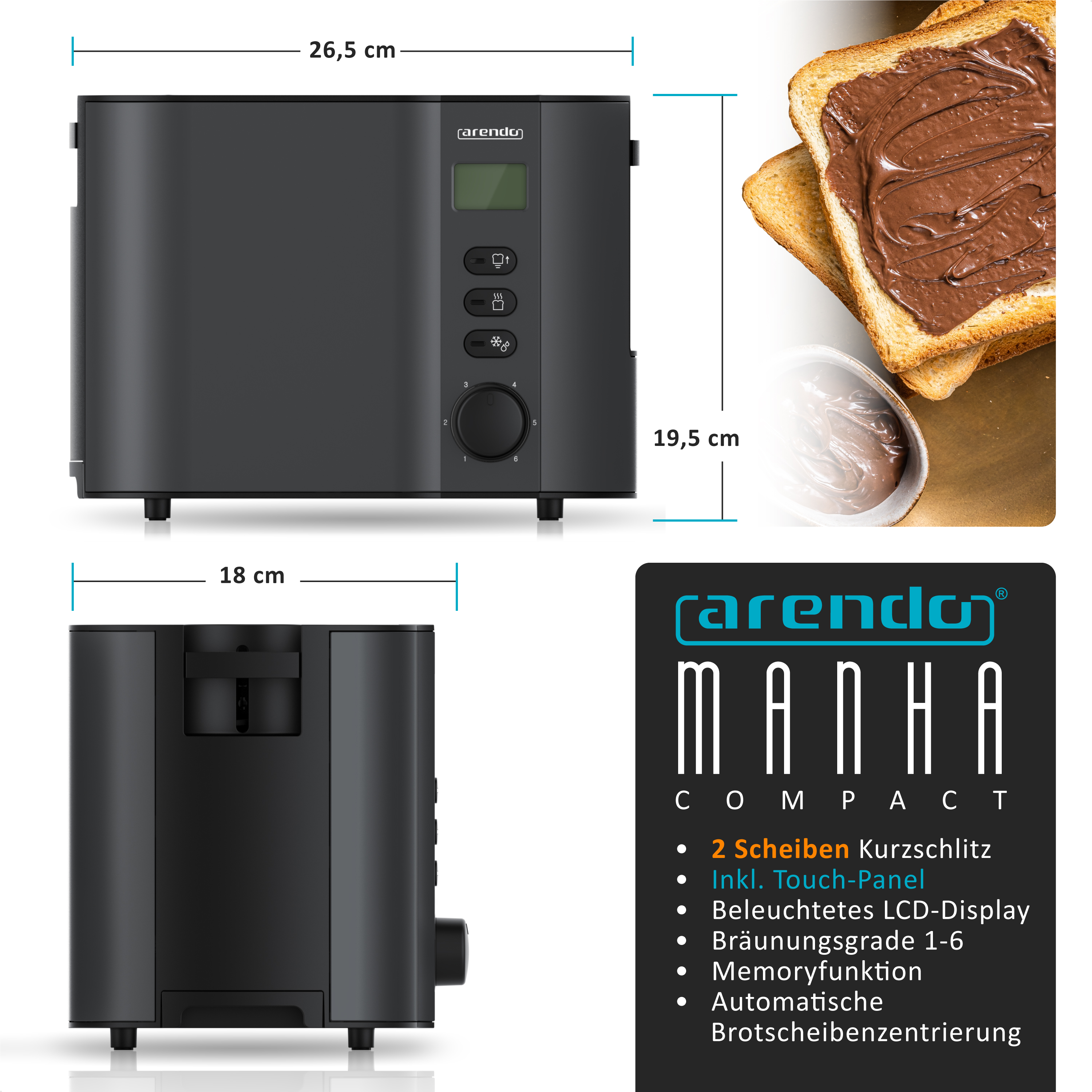 Schwarzer Toaster mit Abmessungen. Toastscheiben mit Schokoladenaufstrich. Kleines LCD-Display mit Steuertasten.