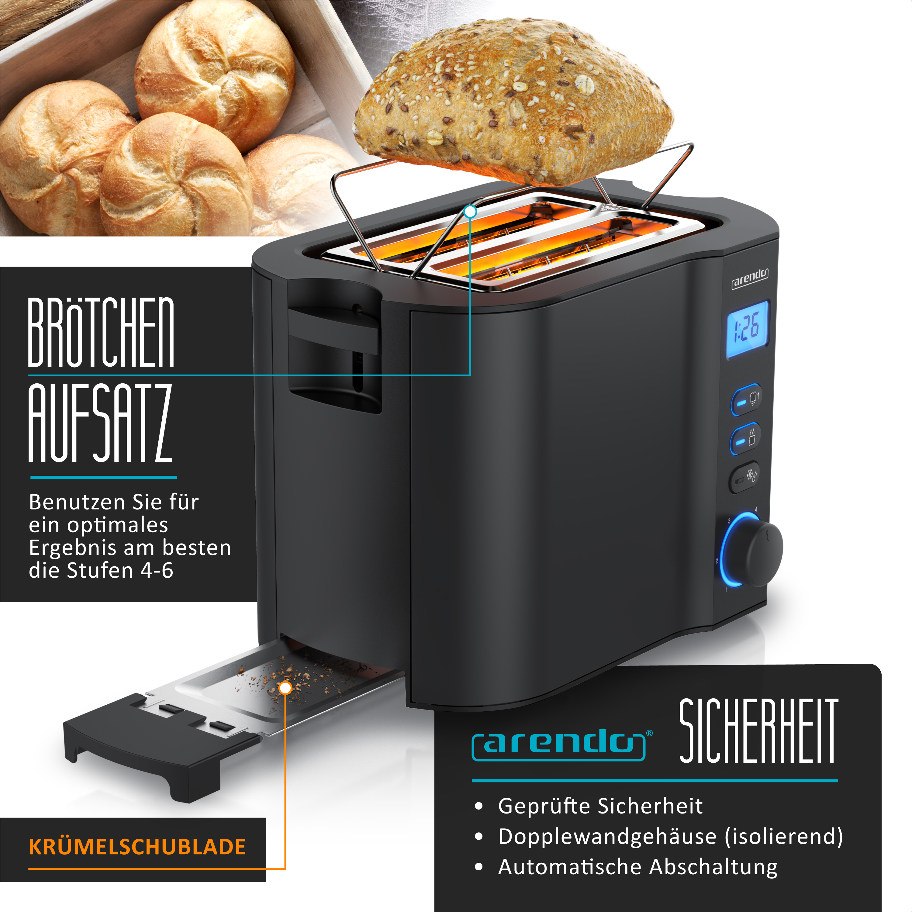 Schwarzer Toaster mit Brot-Wärmer oben und Krümelschublade. Text beschreibt die Funktionen des Toasters.
