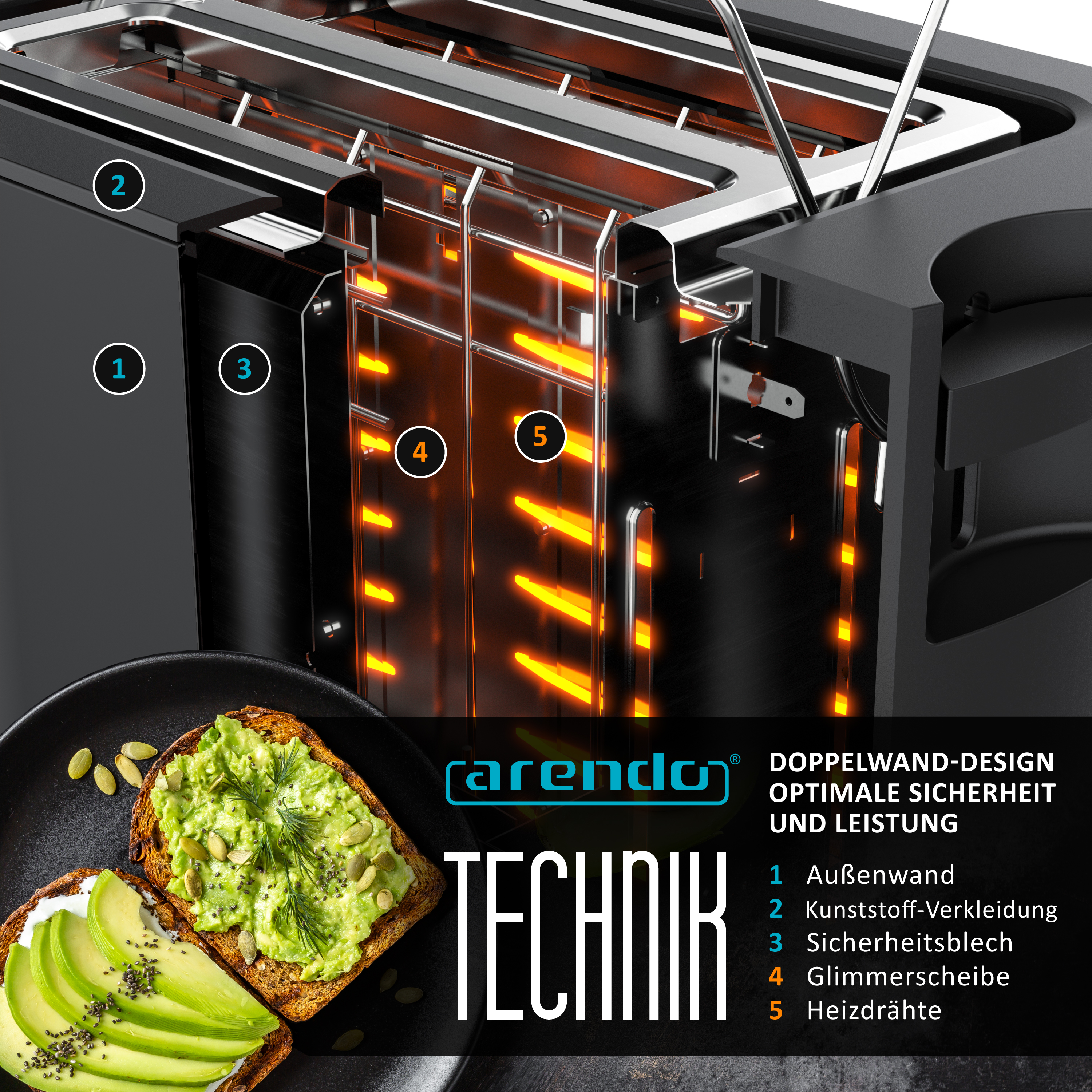 Detaillierte Ansicht des Toaster-Innenraums mit Avocado-Toast.