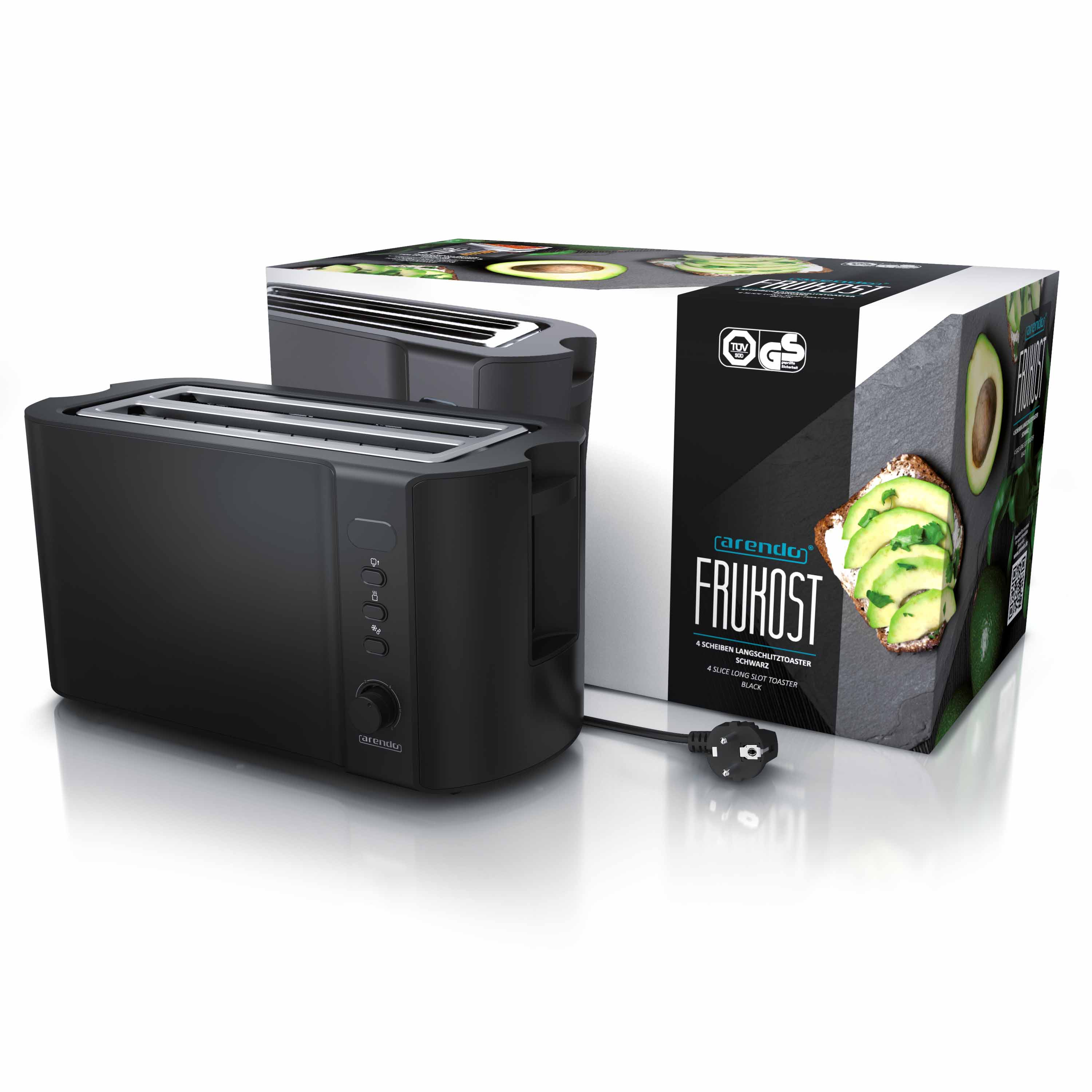 Schwarzer Toaster mit Karton. Avocado-Toast-Bild auf der Box. Toaster hat Steuertasten.