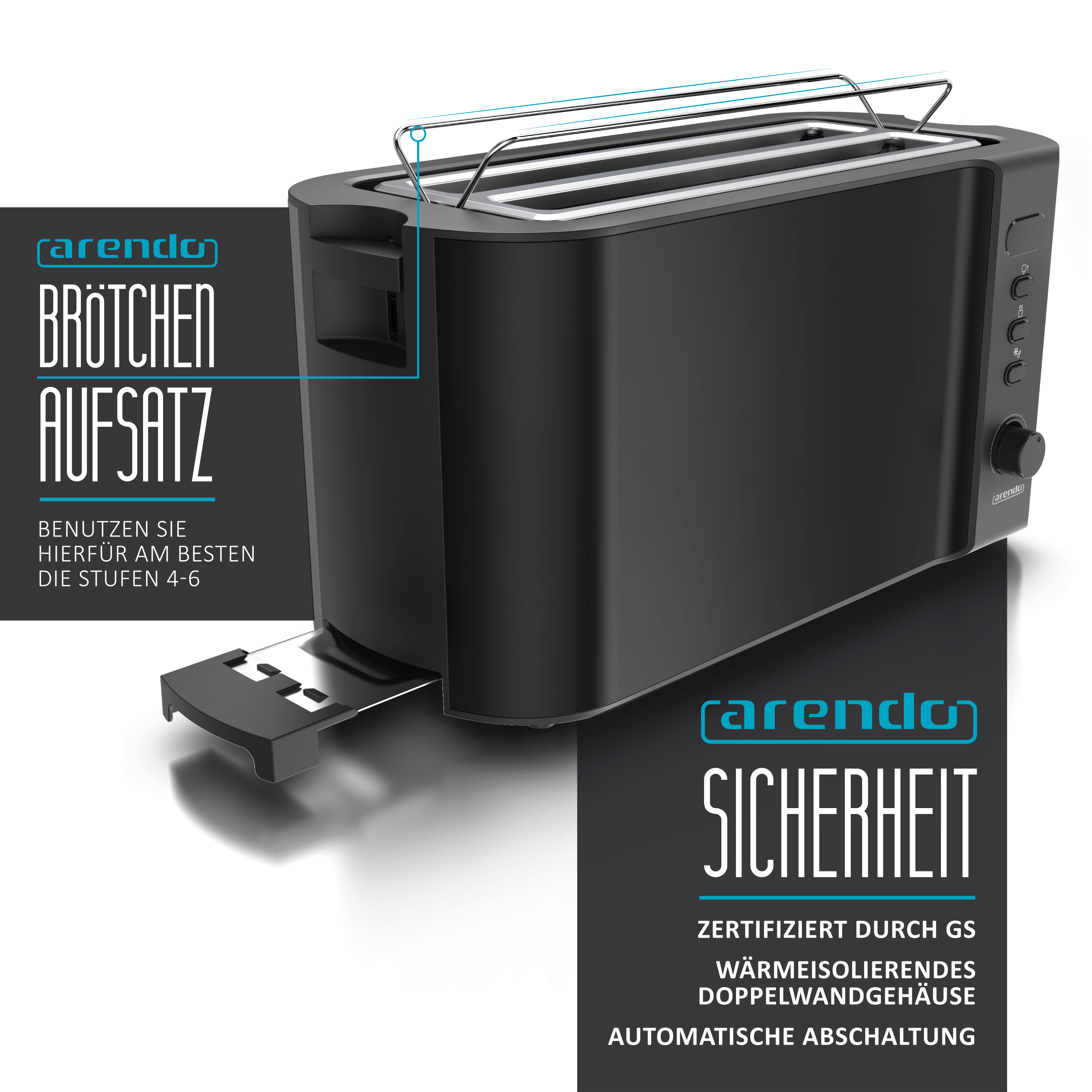 Schwarzer Toaster mit Text-Overlays. Schwarzer Hintergrund.  Ein Metallfach ist unten sichtbar.