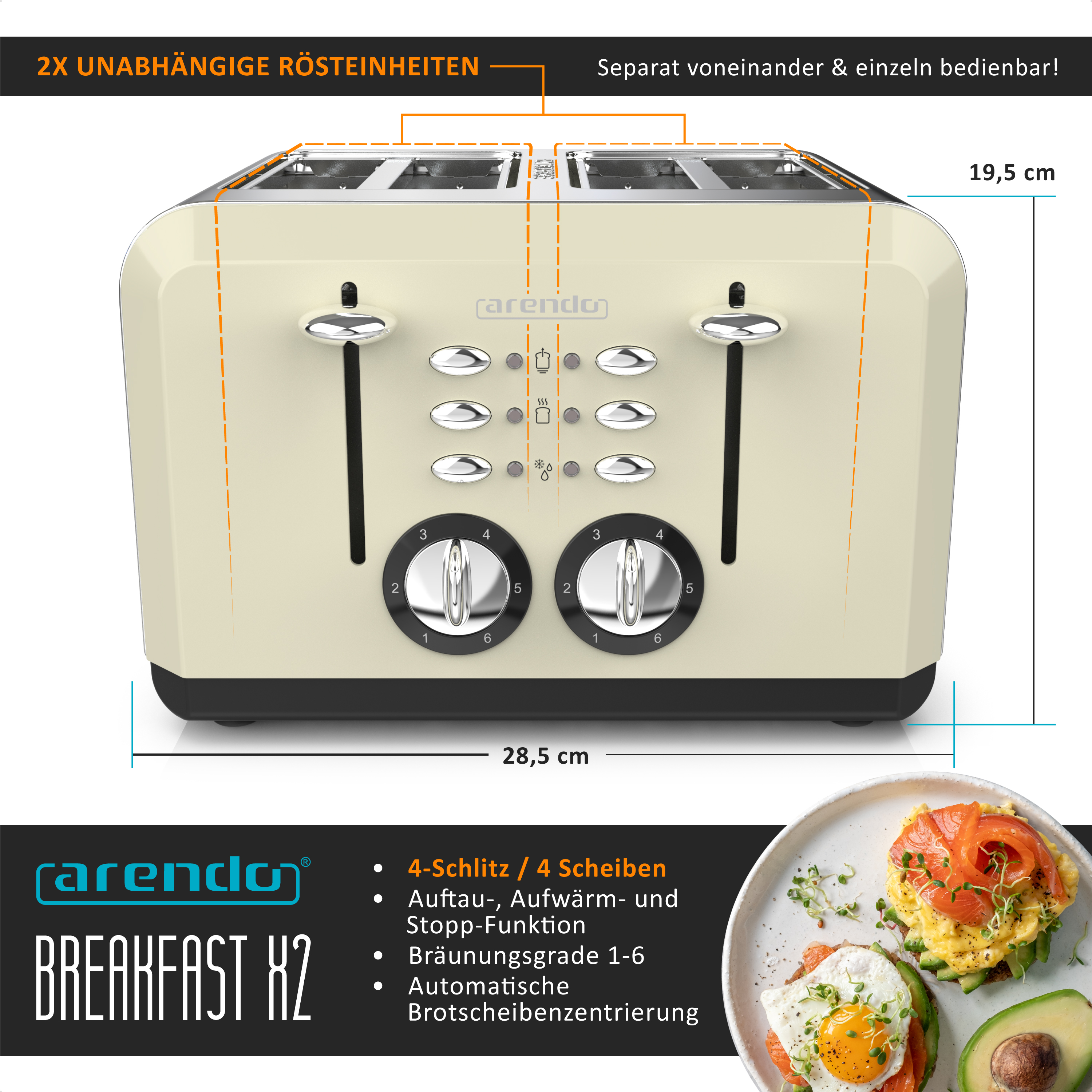 Cremefarbener Toaster mit vier Schlitzen, Bedienelementen und Diagramm mit Abmessungen und Lebensmitteln.