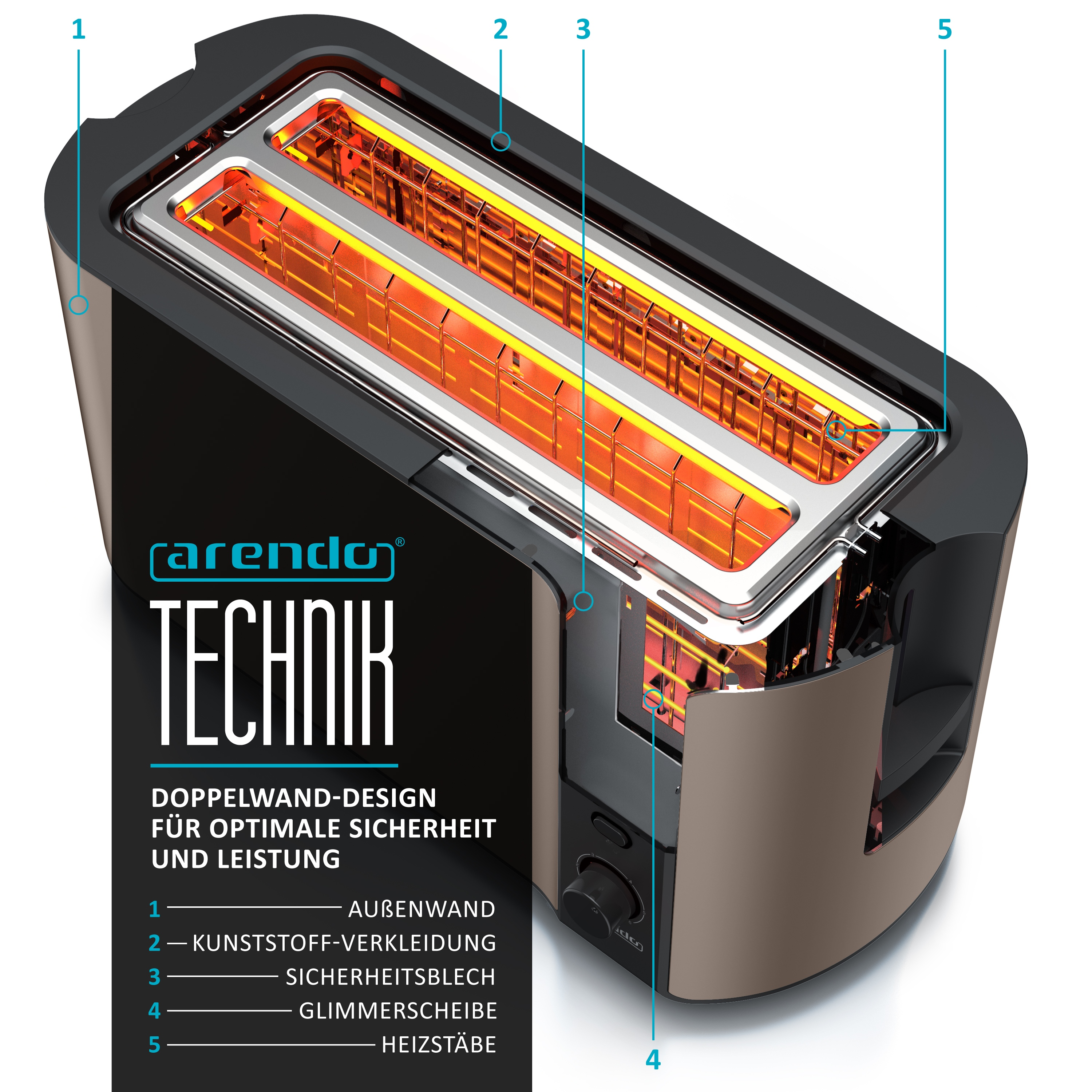 Detaillierte Ansicht eines Toasters, die interne Komponenten mit Brotscheiben und nummerierten Etiketten hervorhebt.