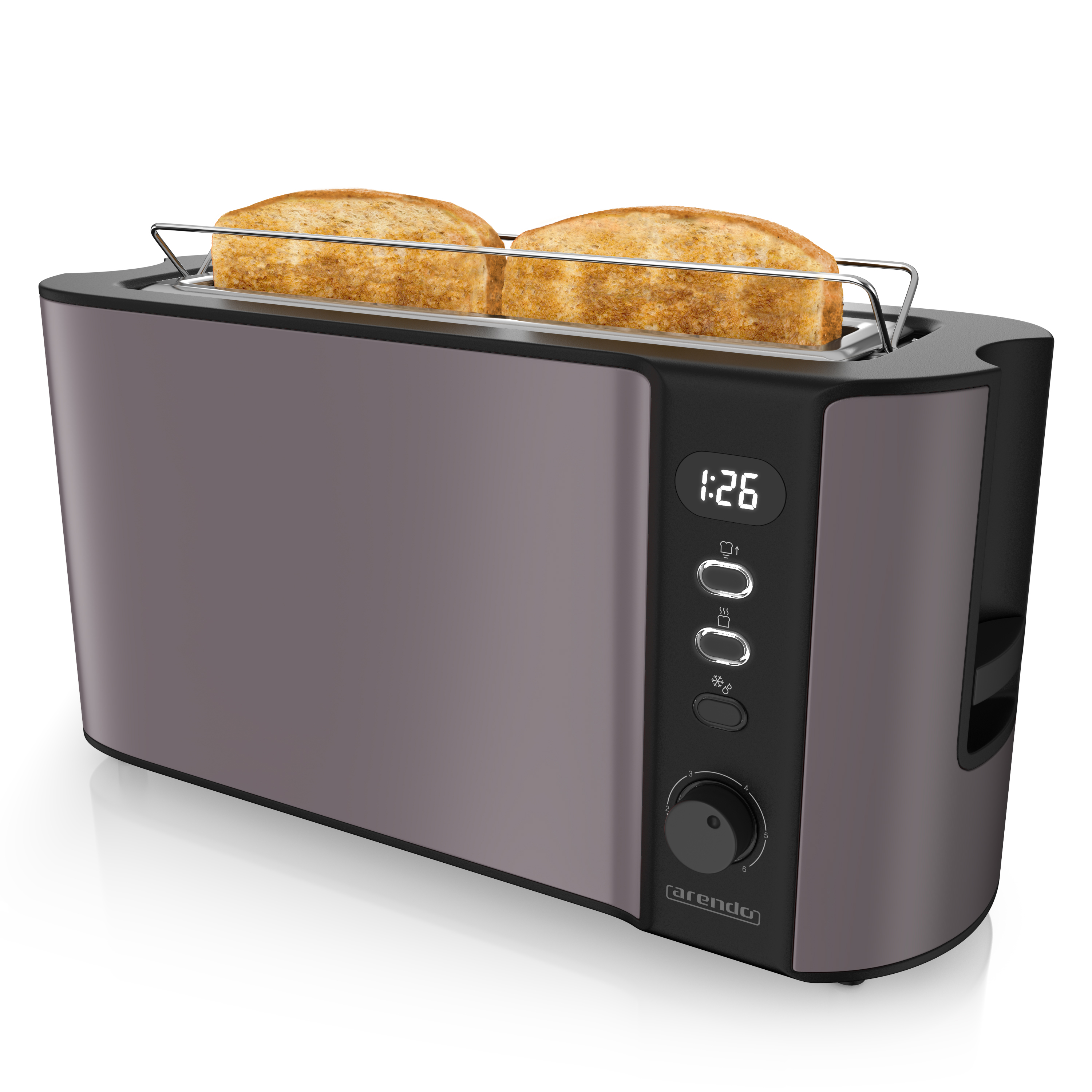 Ein grauer Toaster mit zwei Toastscheiben. Ein Digitaldisplay zeigt die Uhrzeit an.