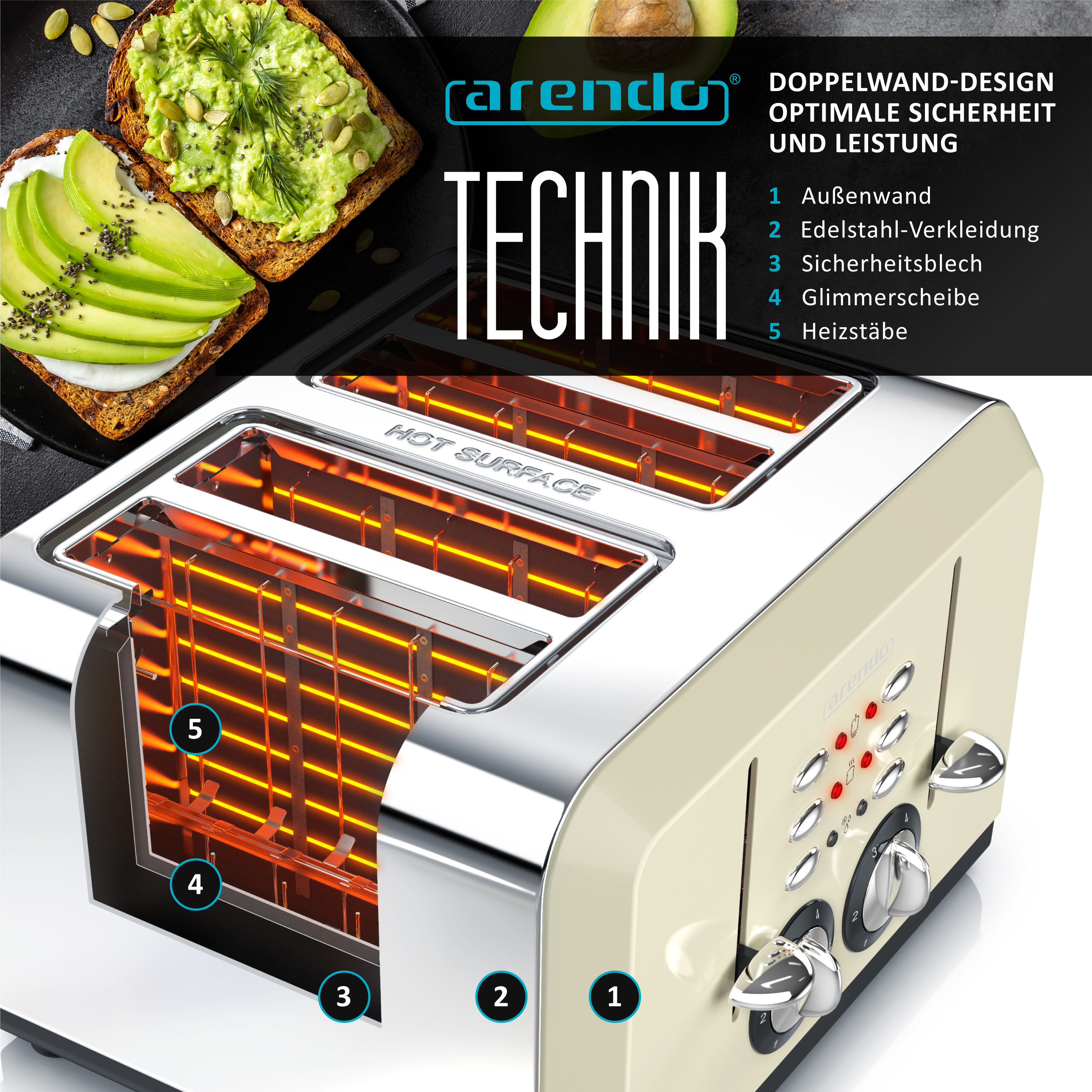 Nahaufnahme eines Toasters mit Ausschnitt, der Heizelemente und getoastetes Brot zeigt.
