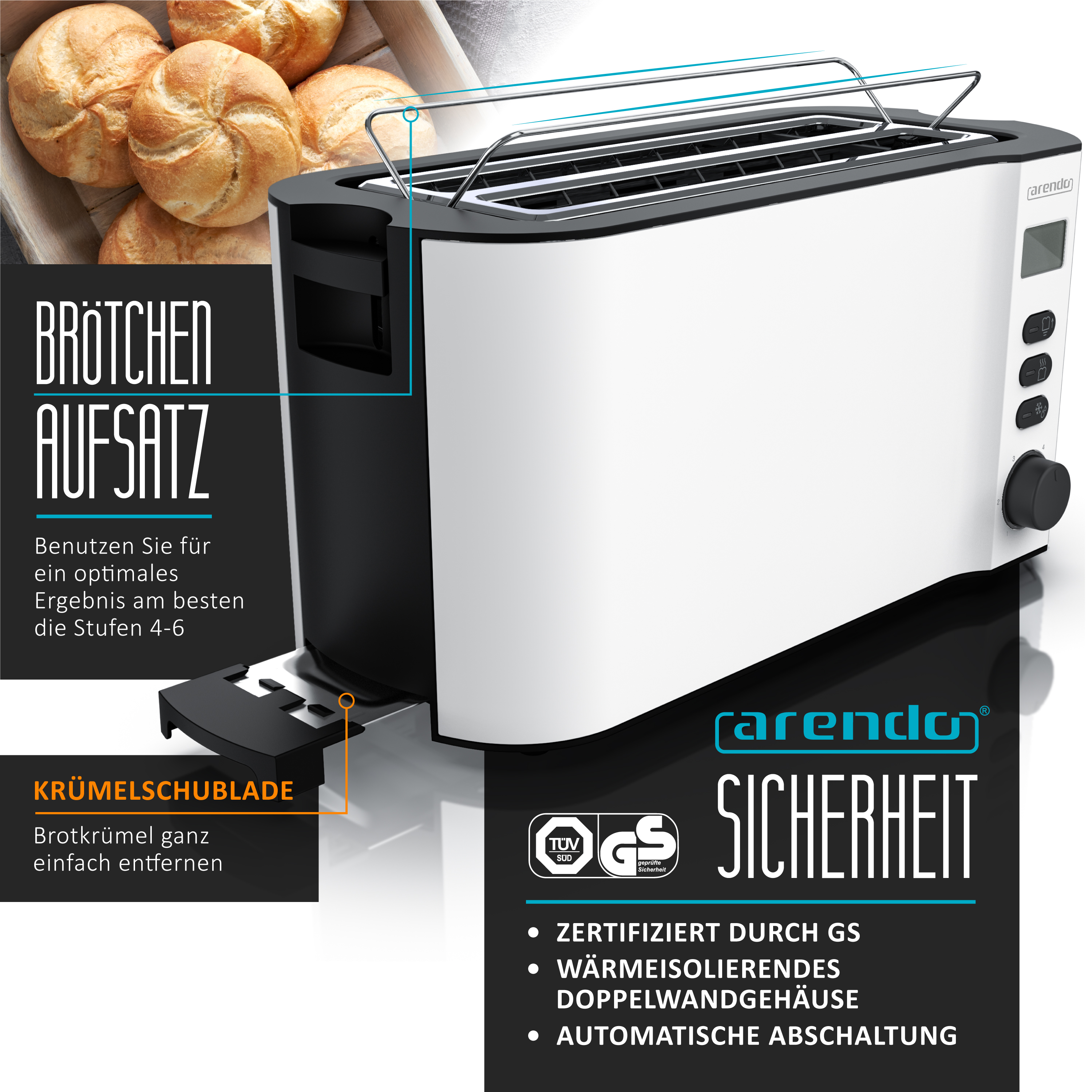 Ein Toaster mit Brot und einer Ablage für Brötchen mit deutschem Text über Produkteigenschaften und Sicherheit.