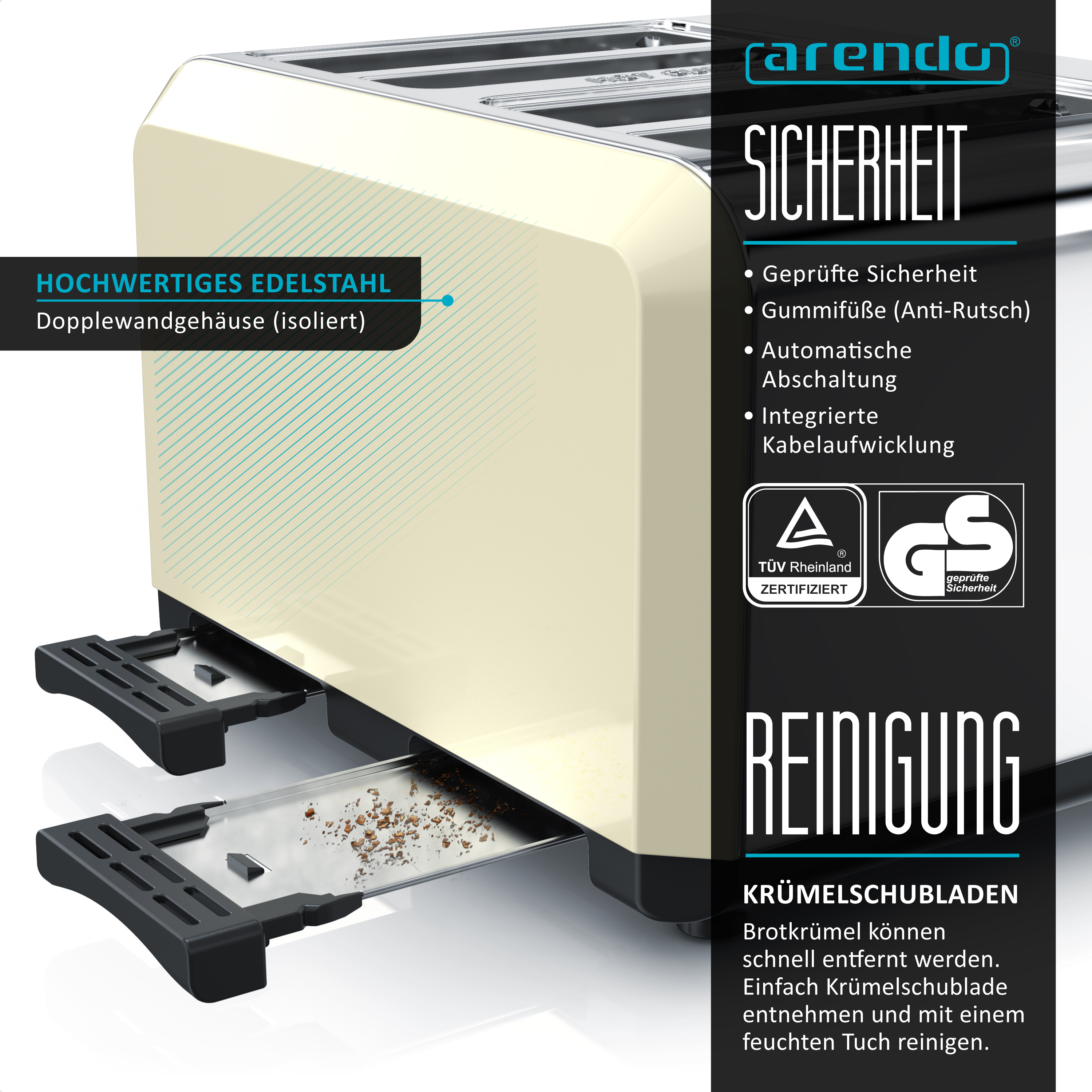 Cremefarbener Toaster mit Chromakzenten und Text zu Sicherheits- und Reinigungsmerkmalen.