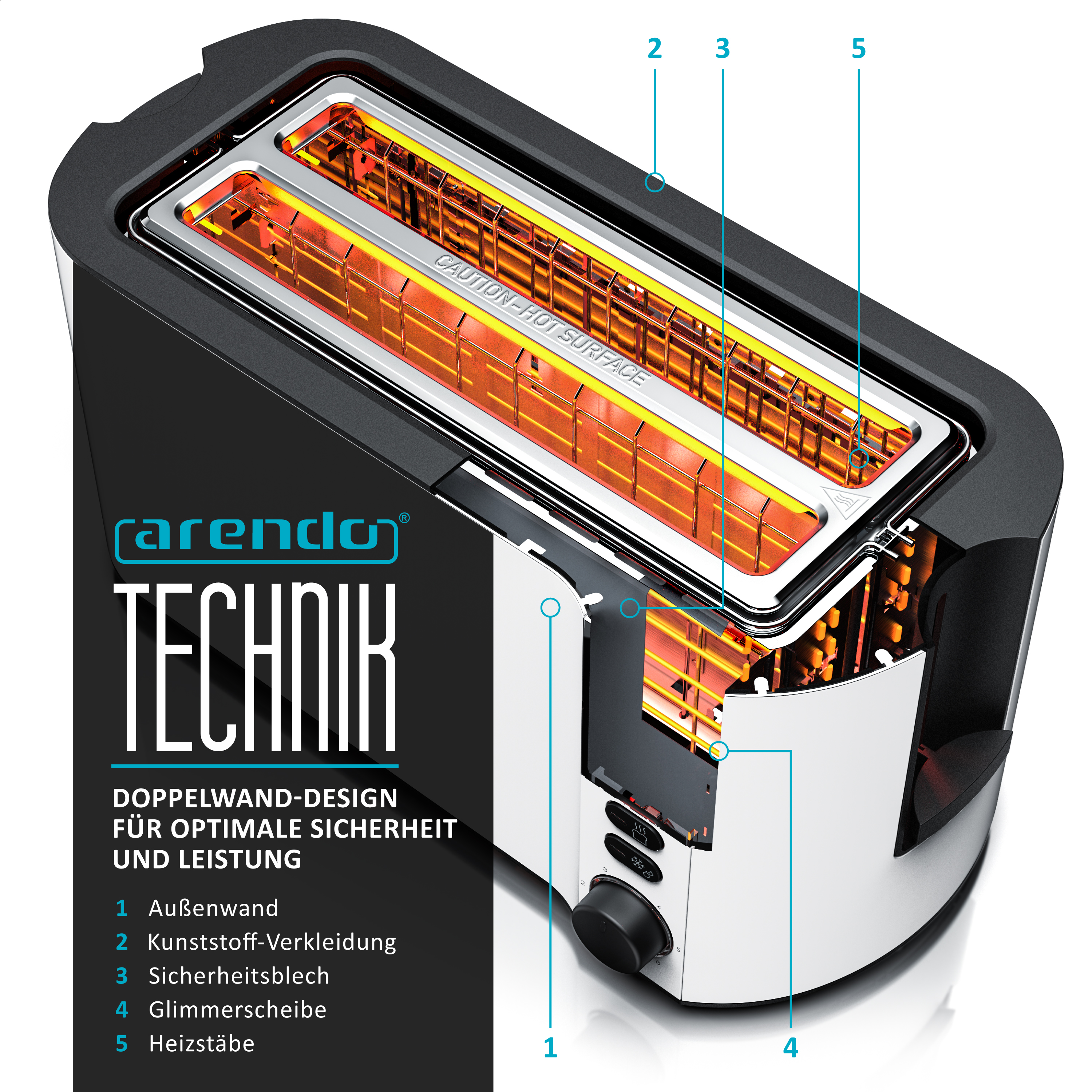Diagramm eines schwarz-weißen Toasters, das die inneren Komponenten zeigt.