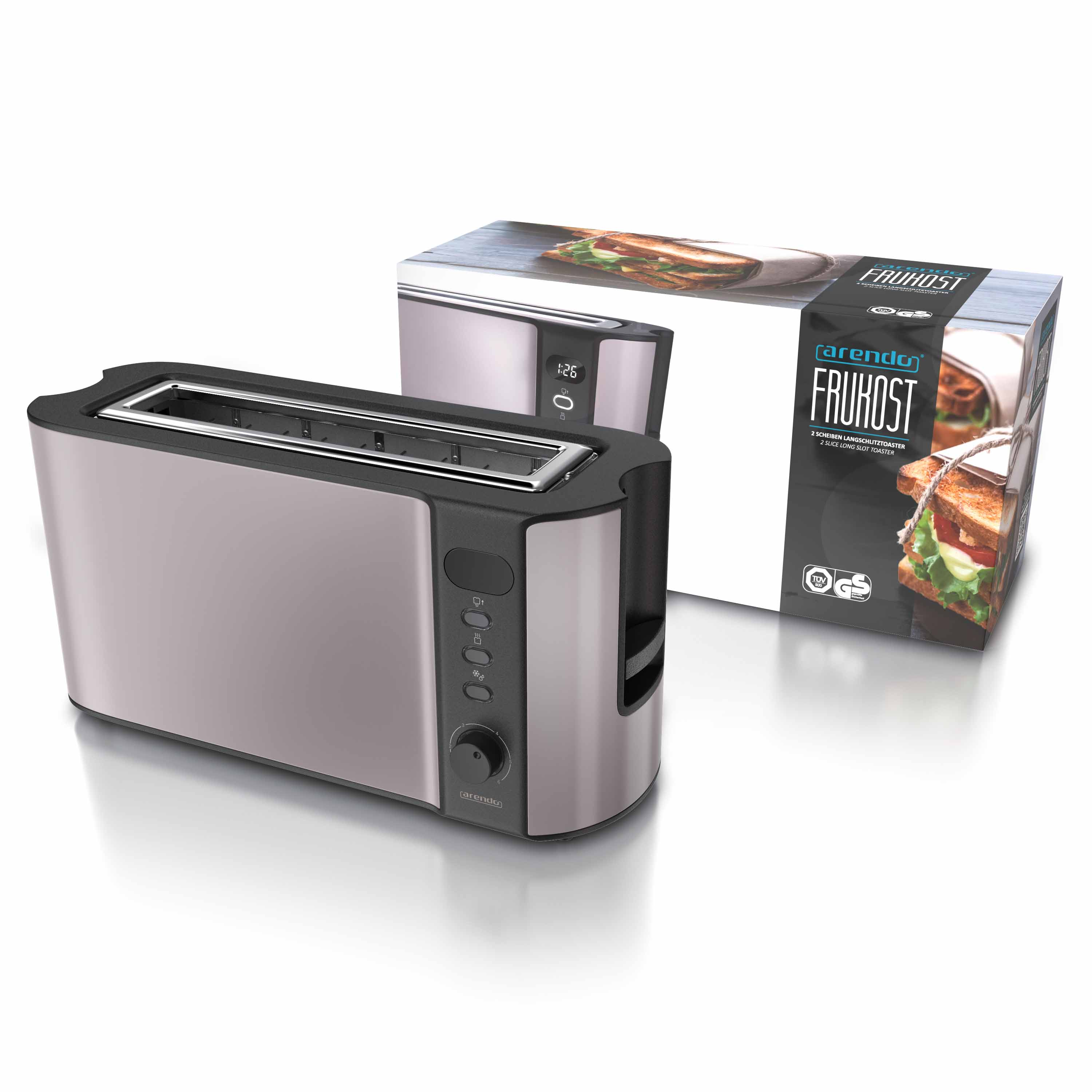 Silber-schwarzer Toaster mit einer Schachtel daneben. Die Schachtel hat ein Sandwich-Bild.