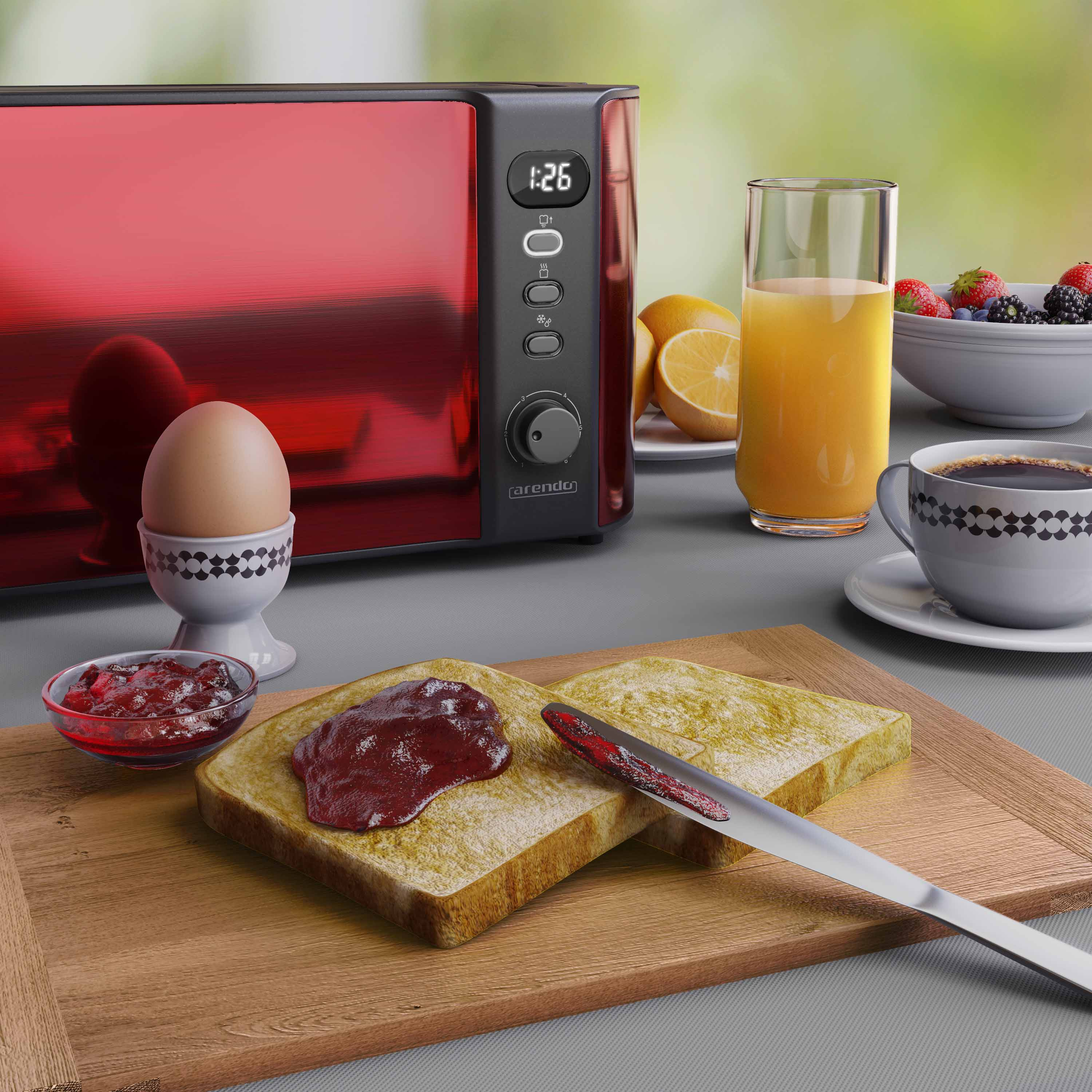 Frühstücksszene mit roter Mikrowelle, Toast mit Marmelade, Ei, Orangensaft und Kaffee.