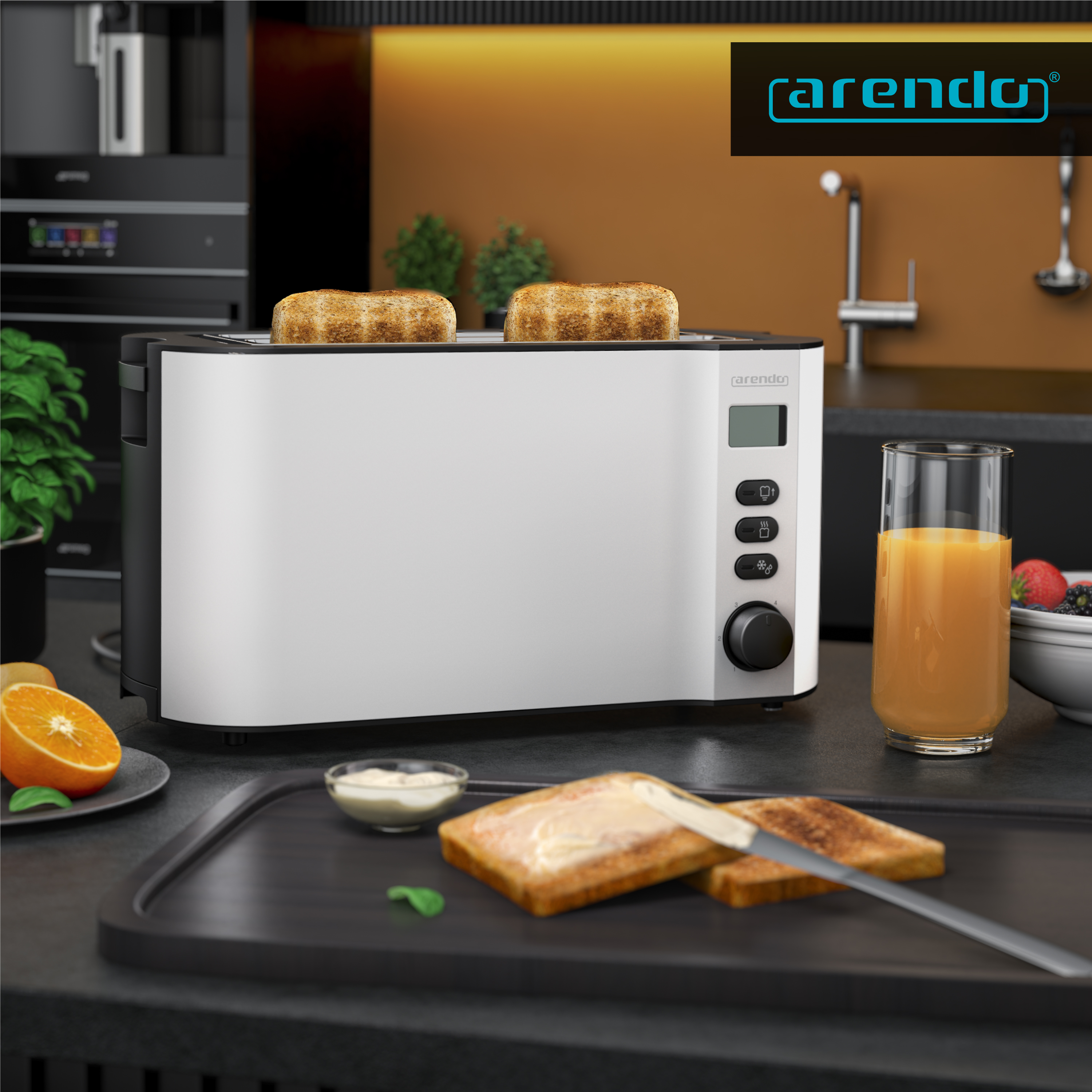 Ein weißer Toaster mit digitaler Anzeige, zwei Toastscheiben und Frühstückszutaten.