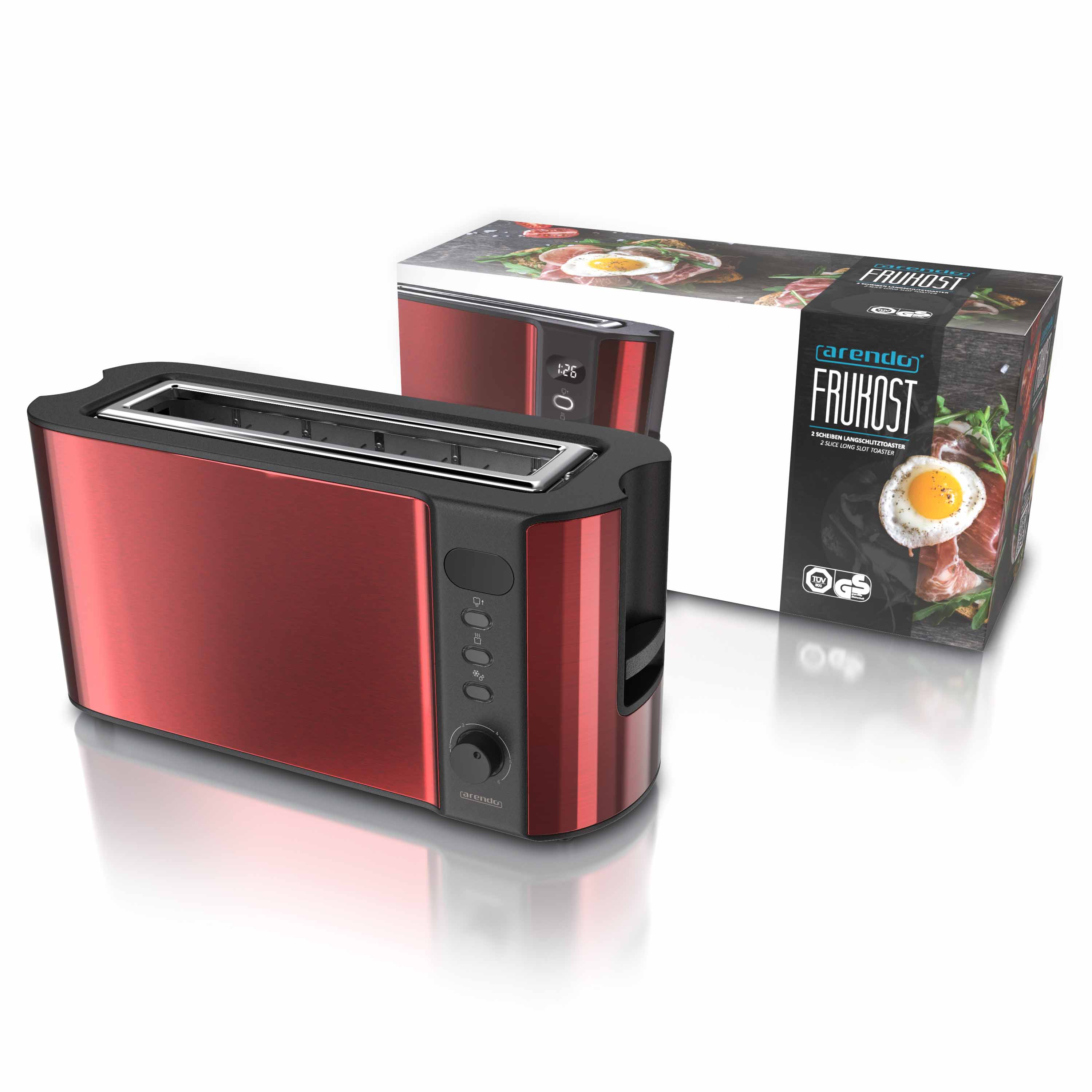 Roter Toaster mit schwarzen Akzenten und Karton. Karton zeigt ein Spiegelei und Produktnamen. Hintergrund ist weiß.