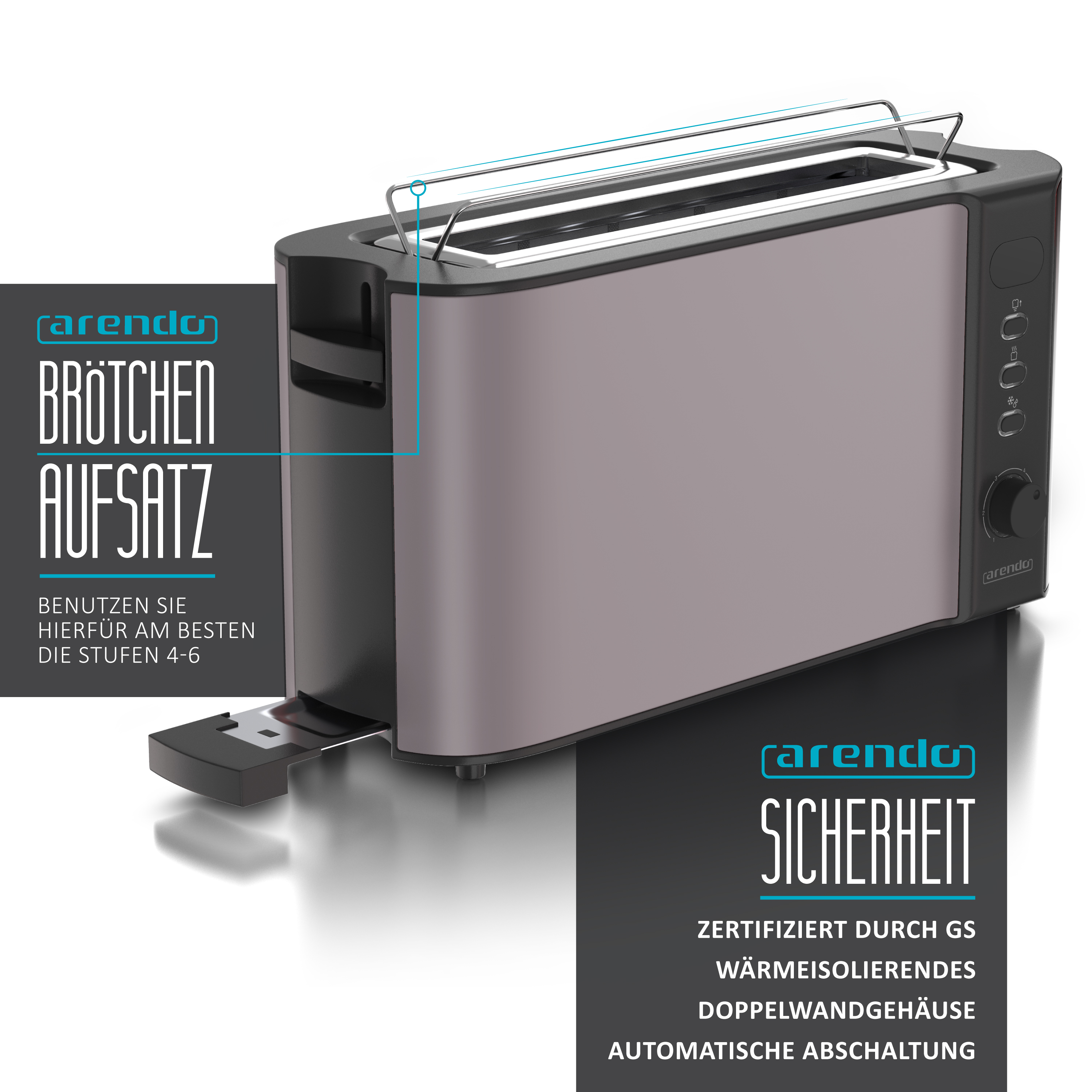 Ein silber-schwarzer Toaster mit Textbeschriftungen zu Brot und Sicherheit.