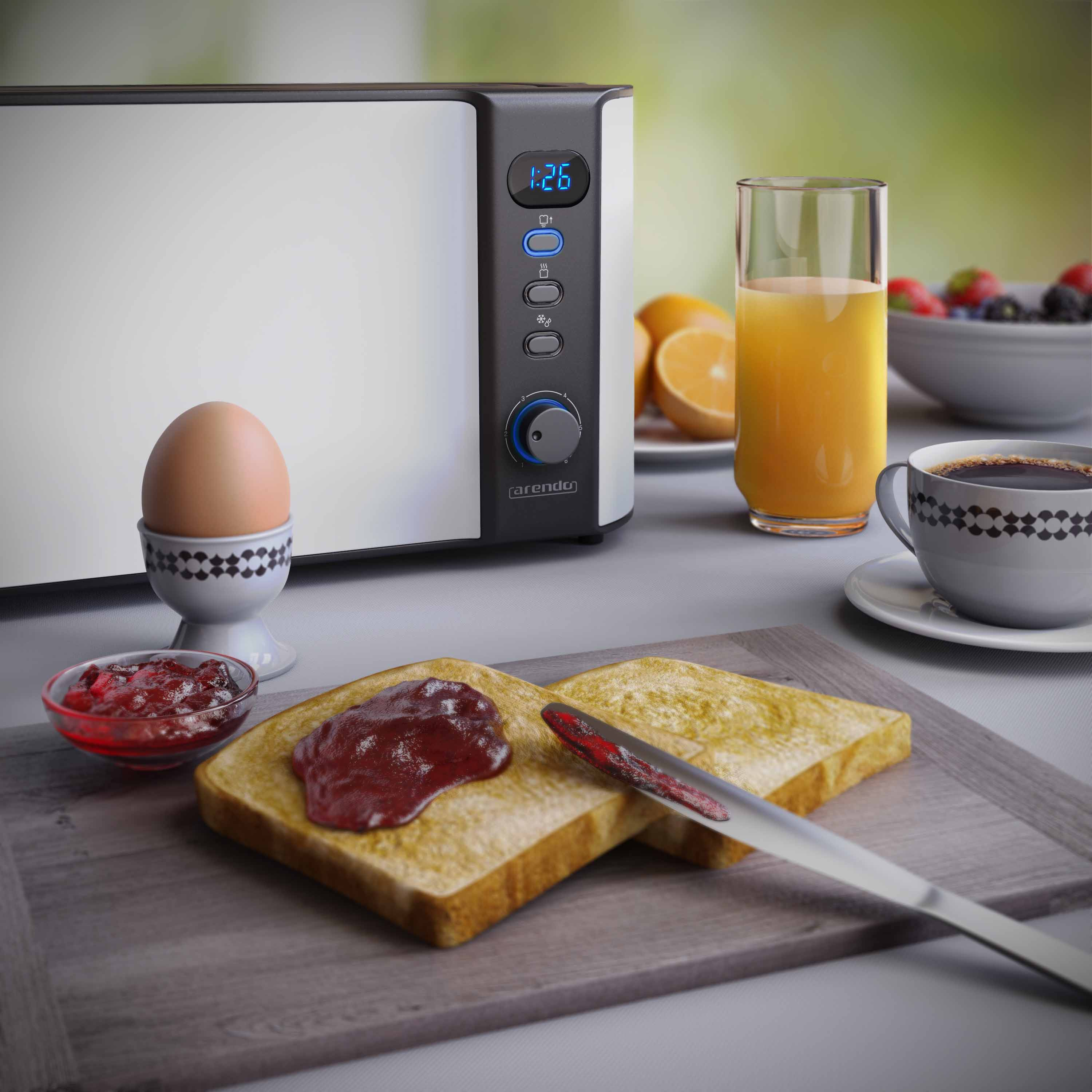 Frühstücksszene: Toaster, Ei im Halter, Toast mit Marmelade, Saft, Kaffee, Obstschale.
