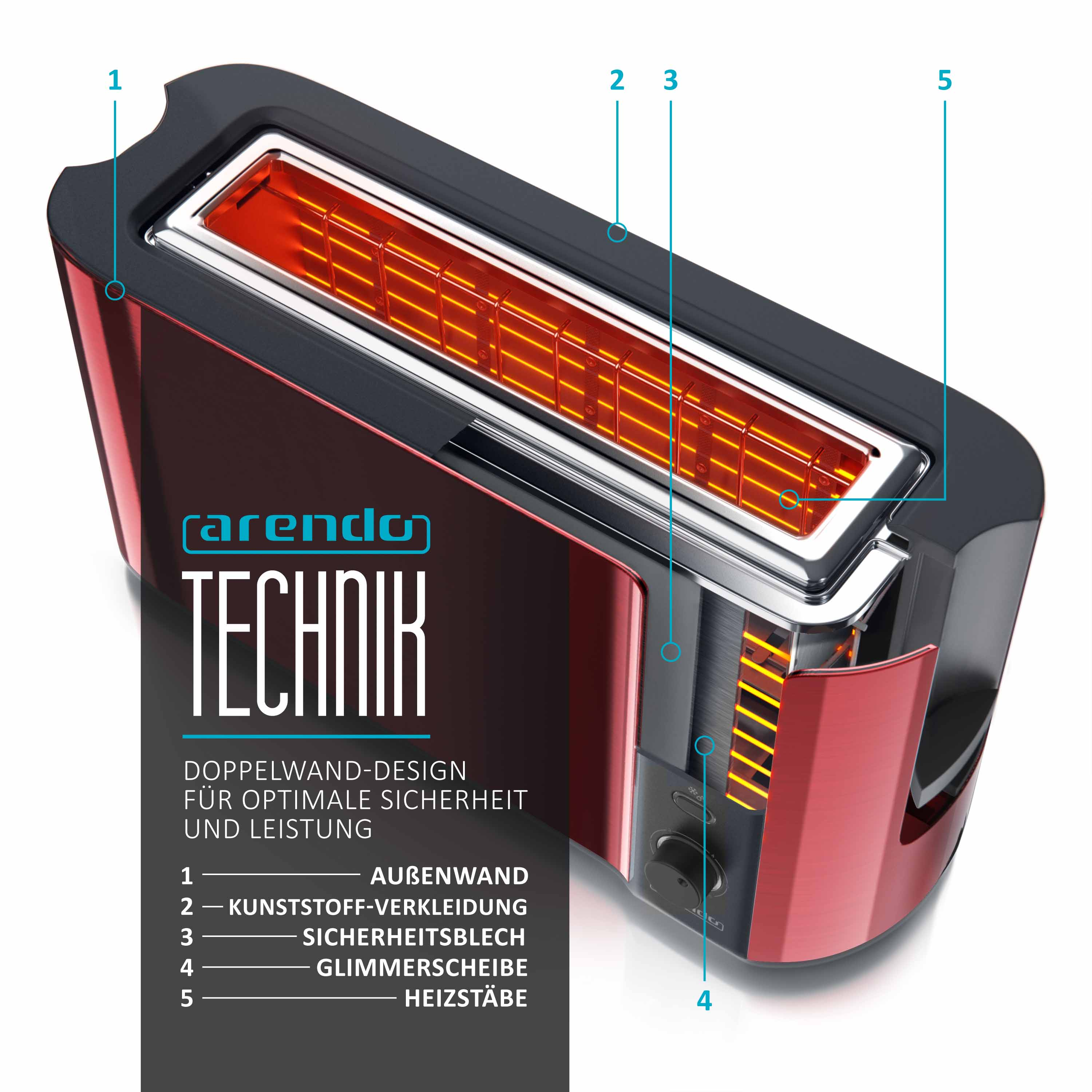 Roter und schwarzer Toaster mit beschrifteten Teilen, Nahaufnahme.