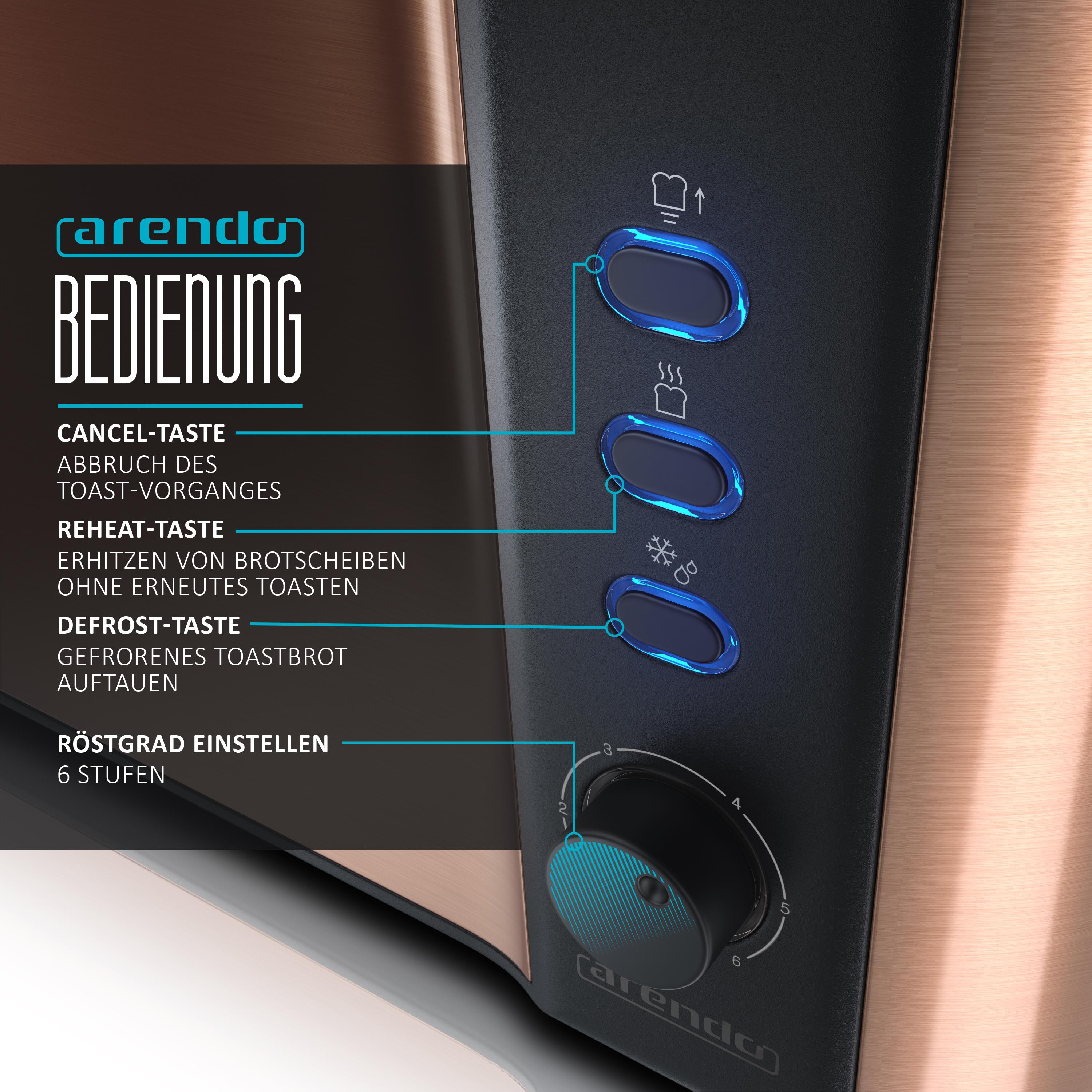 Toaster-Bedienfeld mit beleuchteten Knöpfen und Drehknopf, kupferfarben.