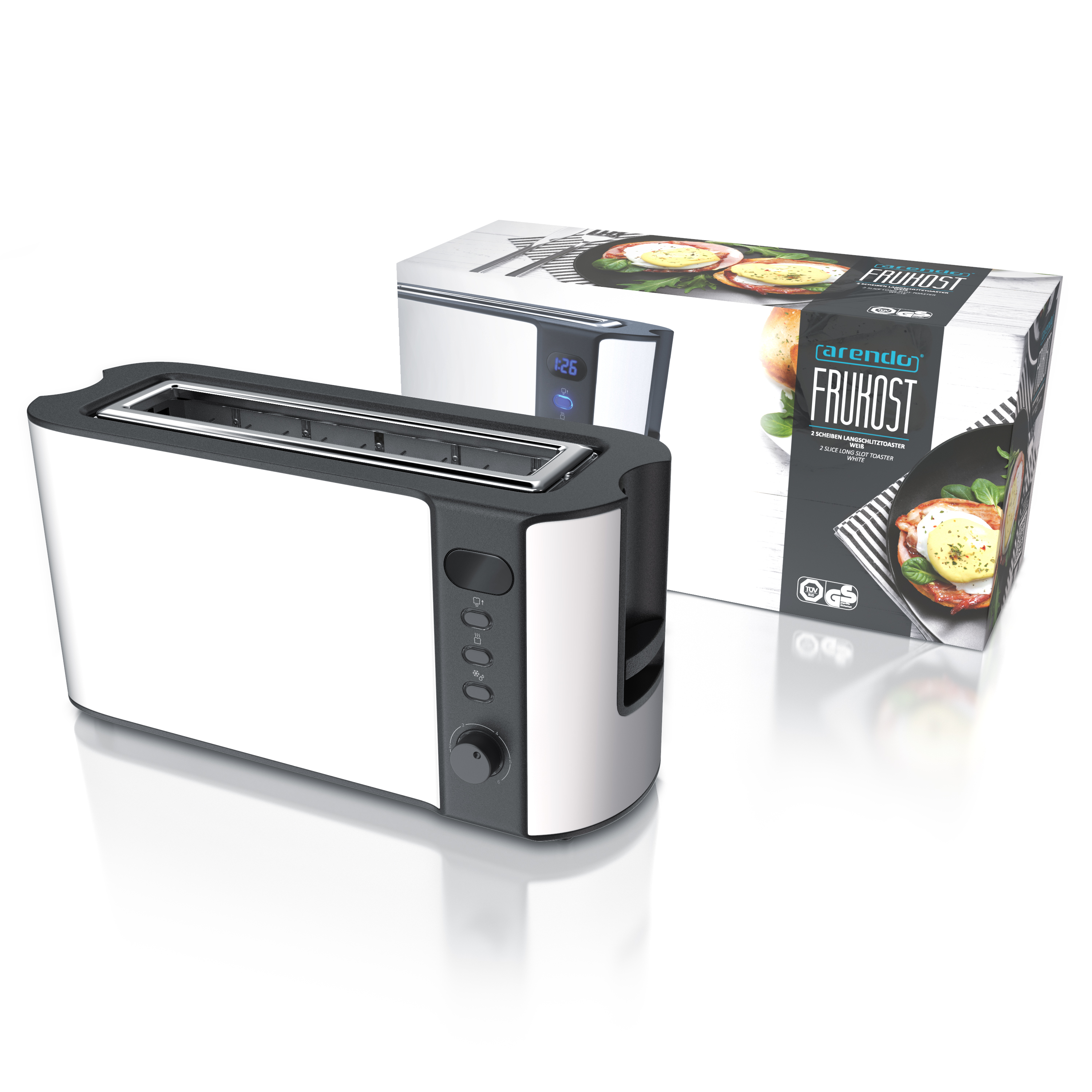 Ein silber-schwarzer Toaster mit der Marke 'Arendo' mit einer Schachtel. Die Schachtel zeigt ein Bild des Essens, das der Toaster zubereiten kann.