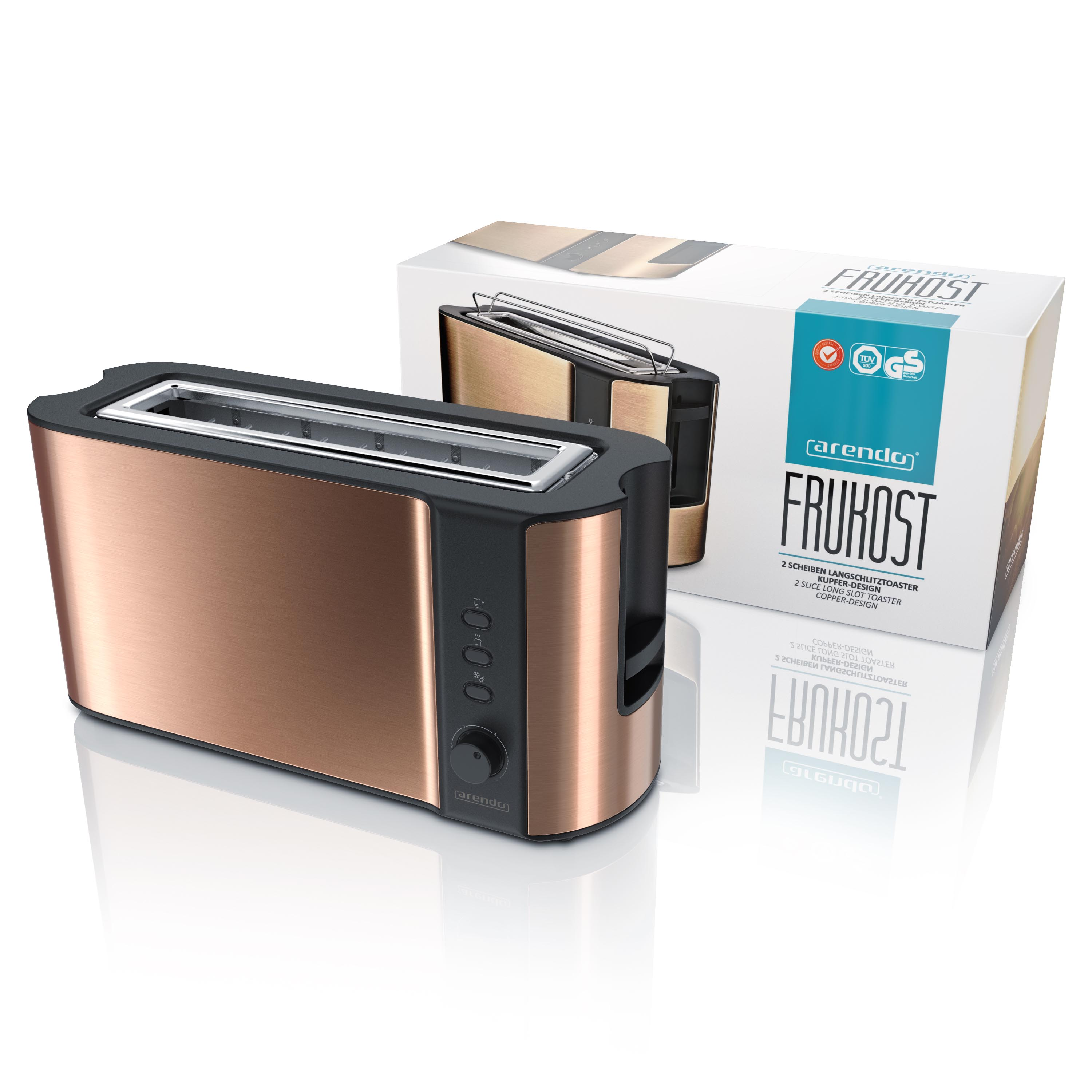 Ein kupferfarbener Toaster und eine Box. Der Toaster hat eine schwarze Oberseite mit Knöpfen.