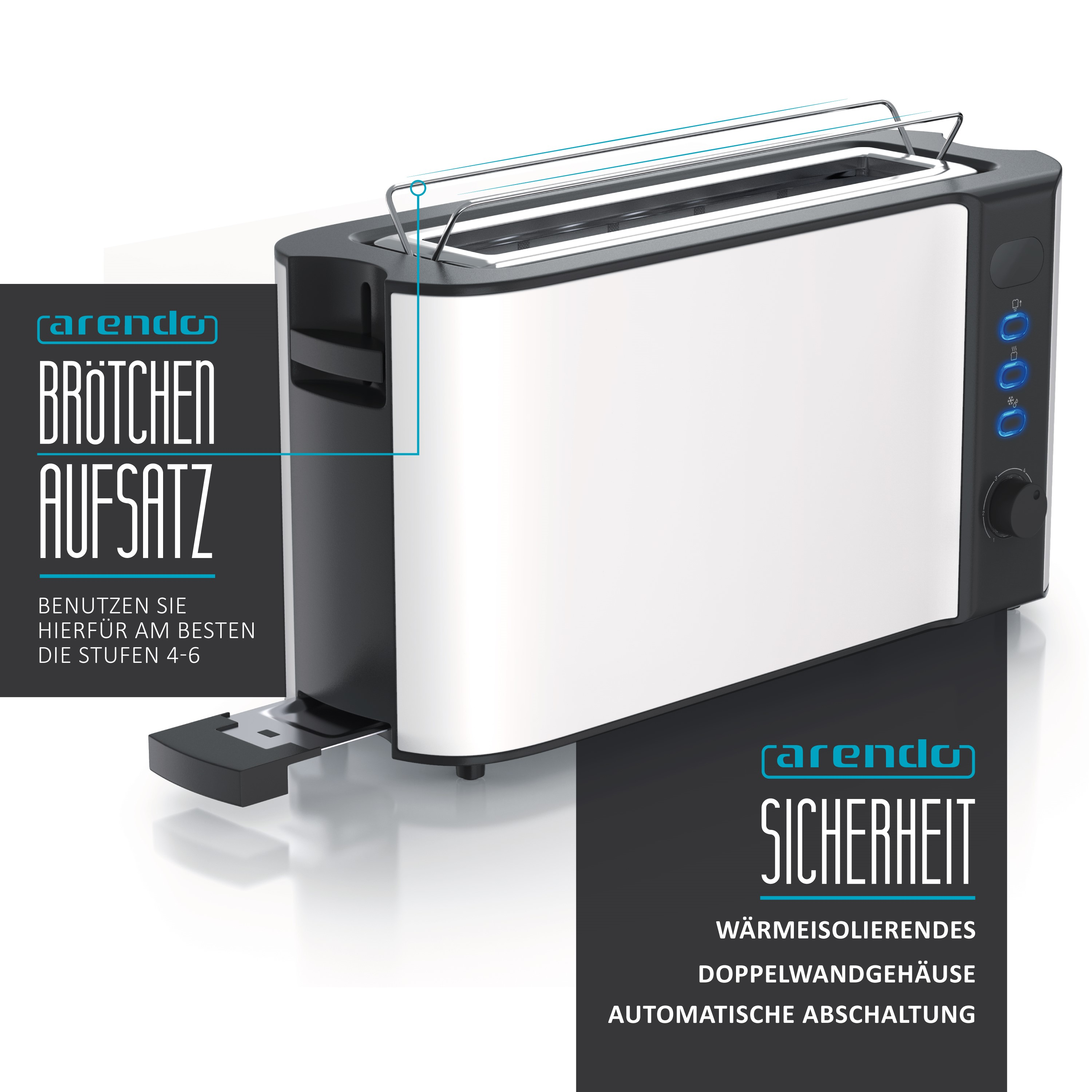 Ein weißer und schwarzer Toaster mit Text, der seine Funktionen beschreibt.