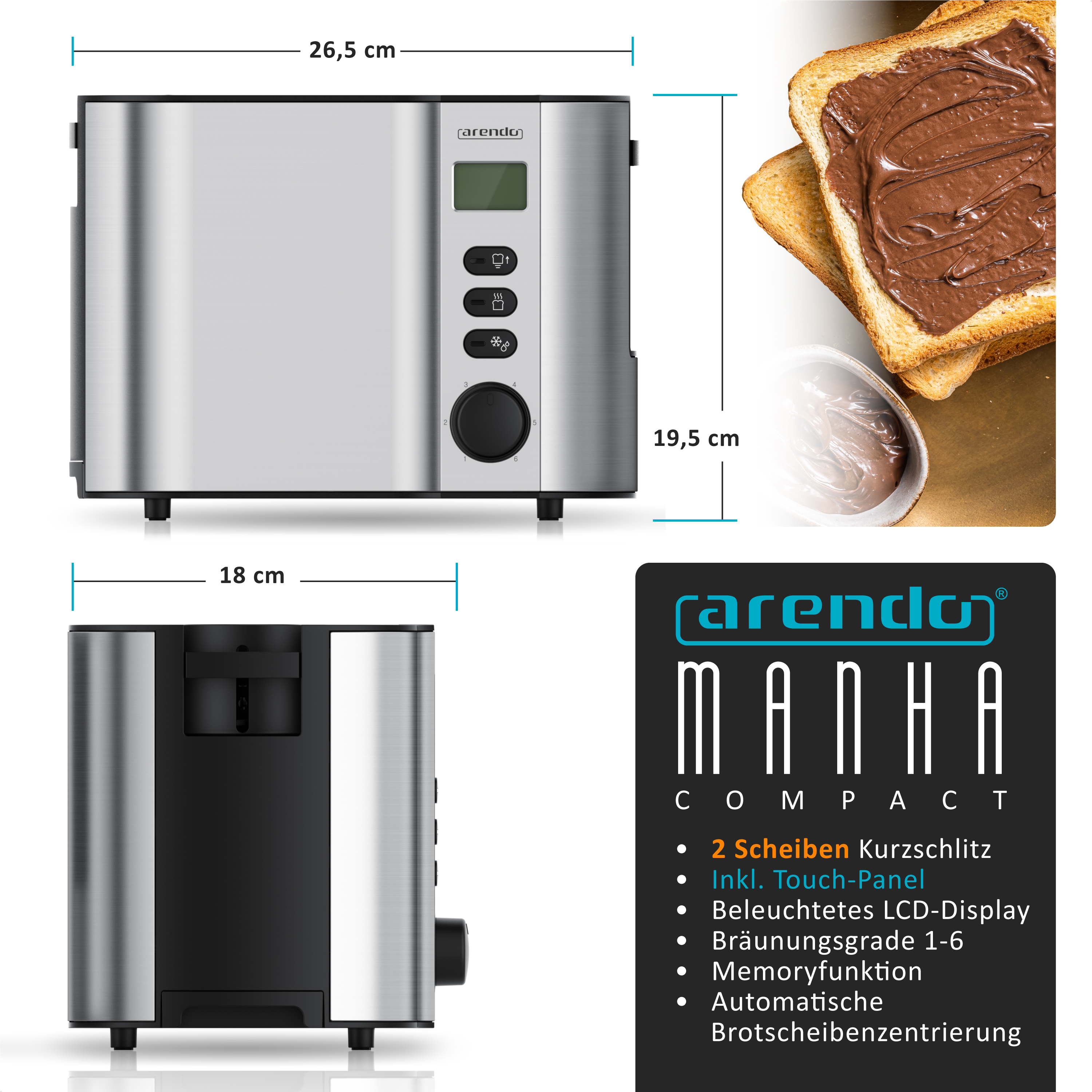 Silberner Toaster mit Abmessungen und gezeigten Funktionen. Toast ist sichtbar.