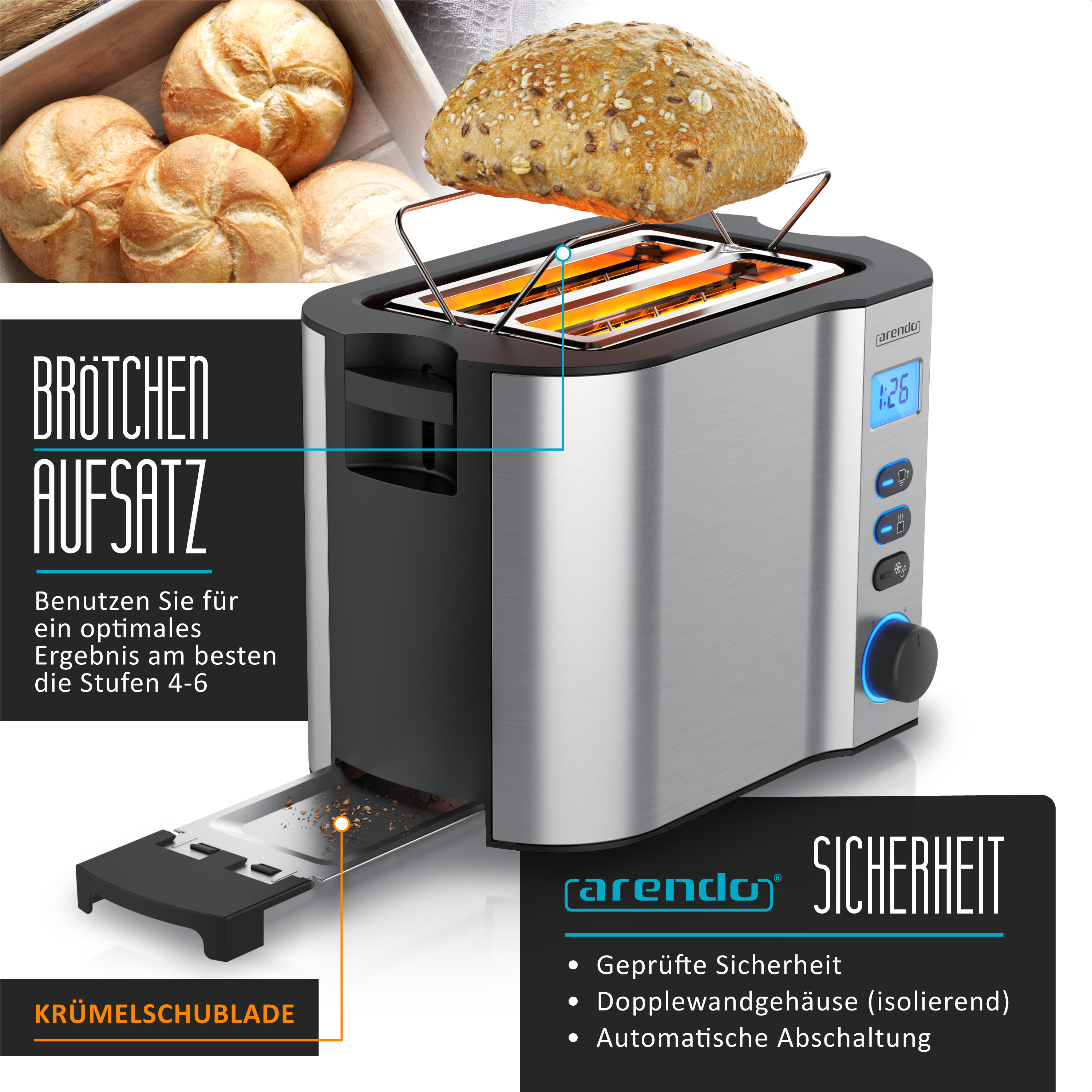 Silberner Toaster mit Brot oben. Text auf Deutsch. Krümelschublade sichtbar. Die Marke ist Arendo.