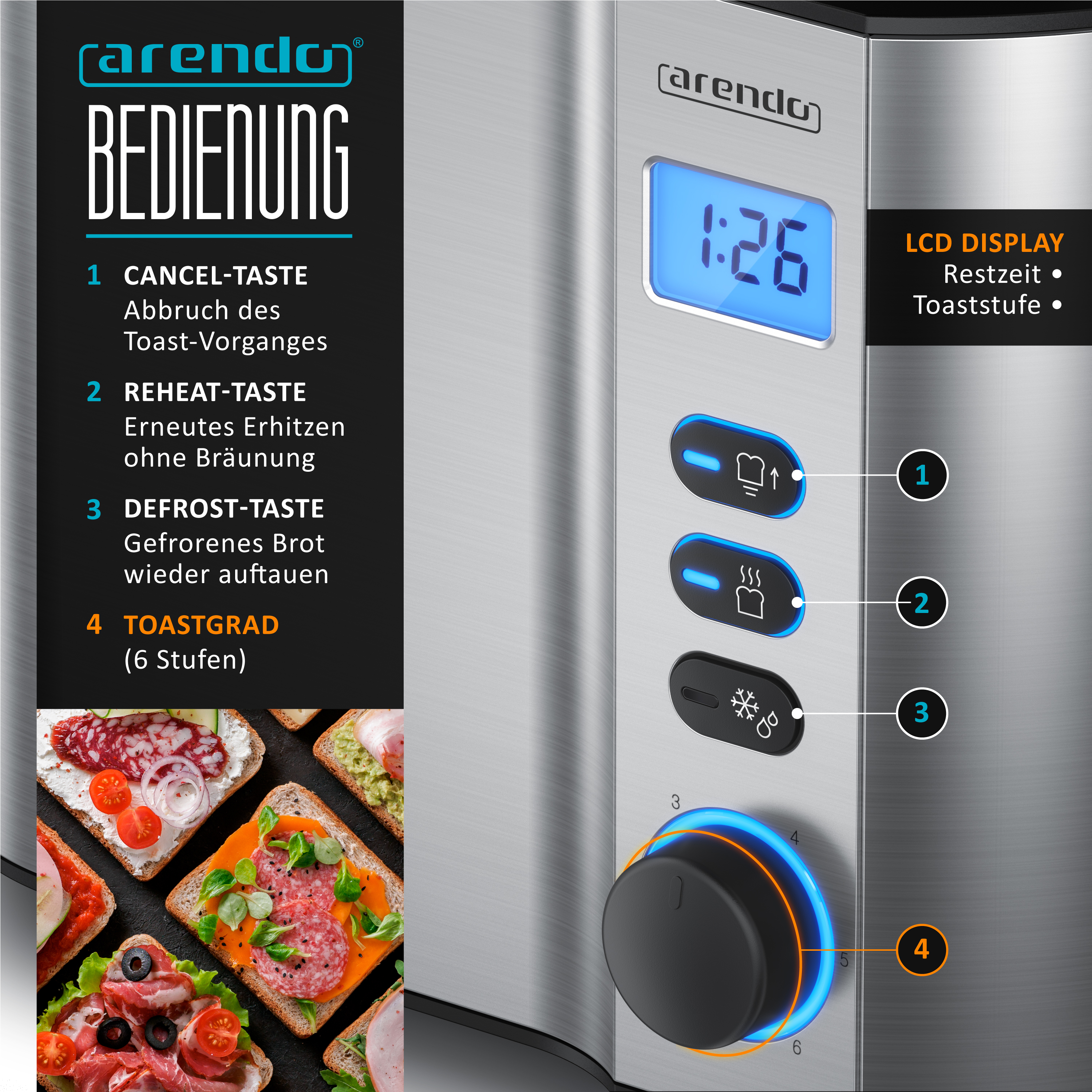 Nahaufnahme des Bedienfelds eines Toasters mit Knöpfen und einem Drehregler, zeigt Funktionen wie Aufwärmen.