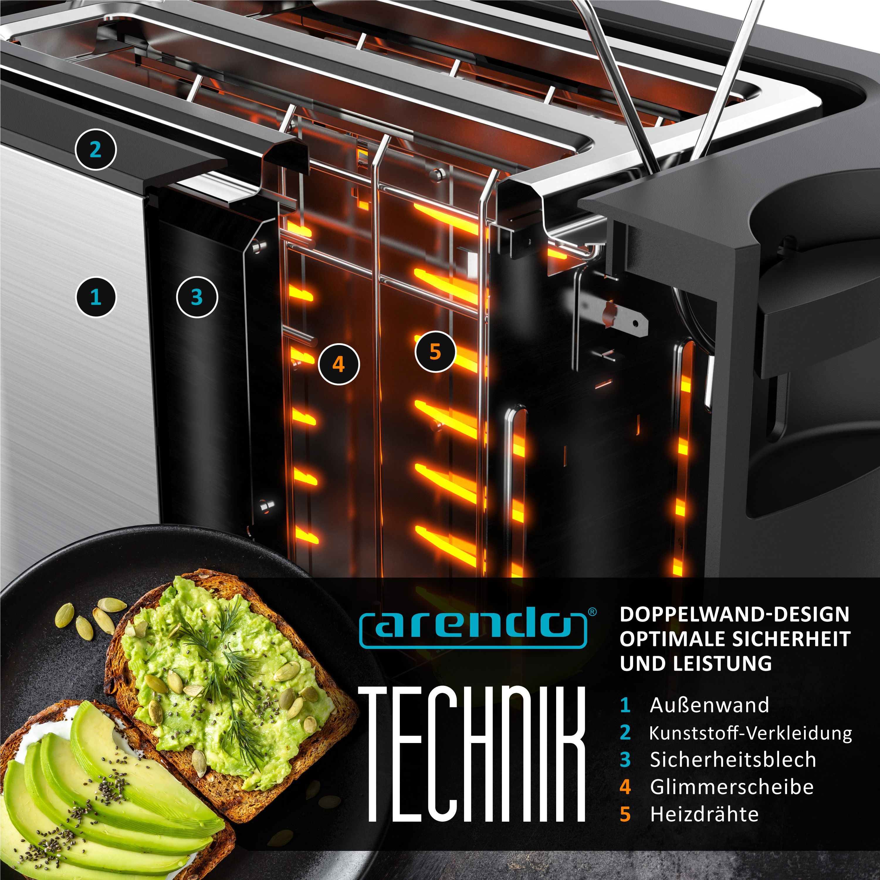 Toaster mit sichtbaren Innenkomponenten. Zwei Toastscheiben unten.