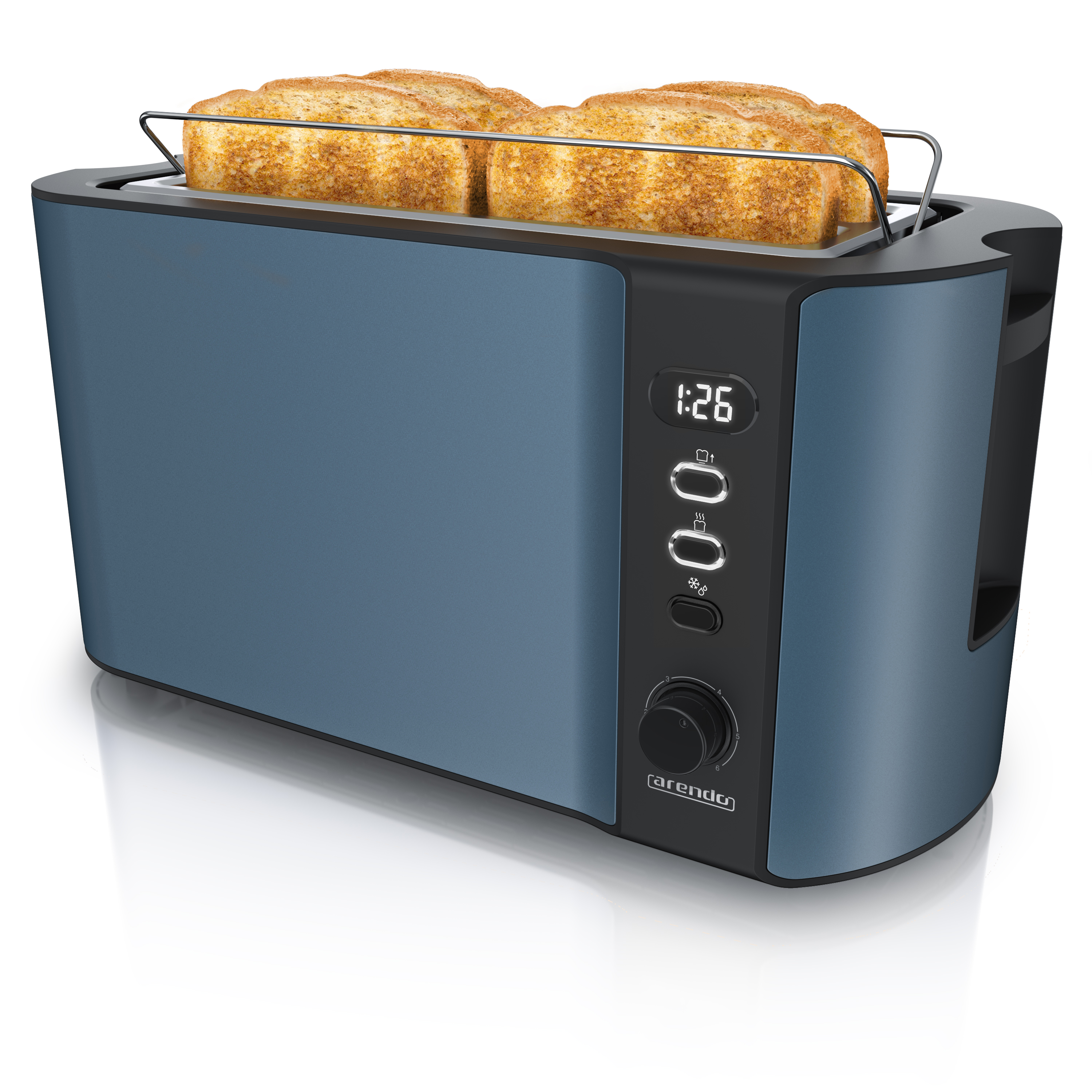 Blauer Toaster mit zwei Toastscheiben. Digitalanzeige zeigt die Zeit. Schwarze Akzente und Drehregler.