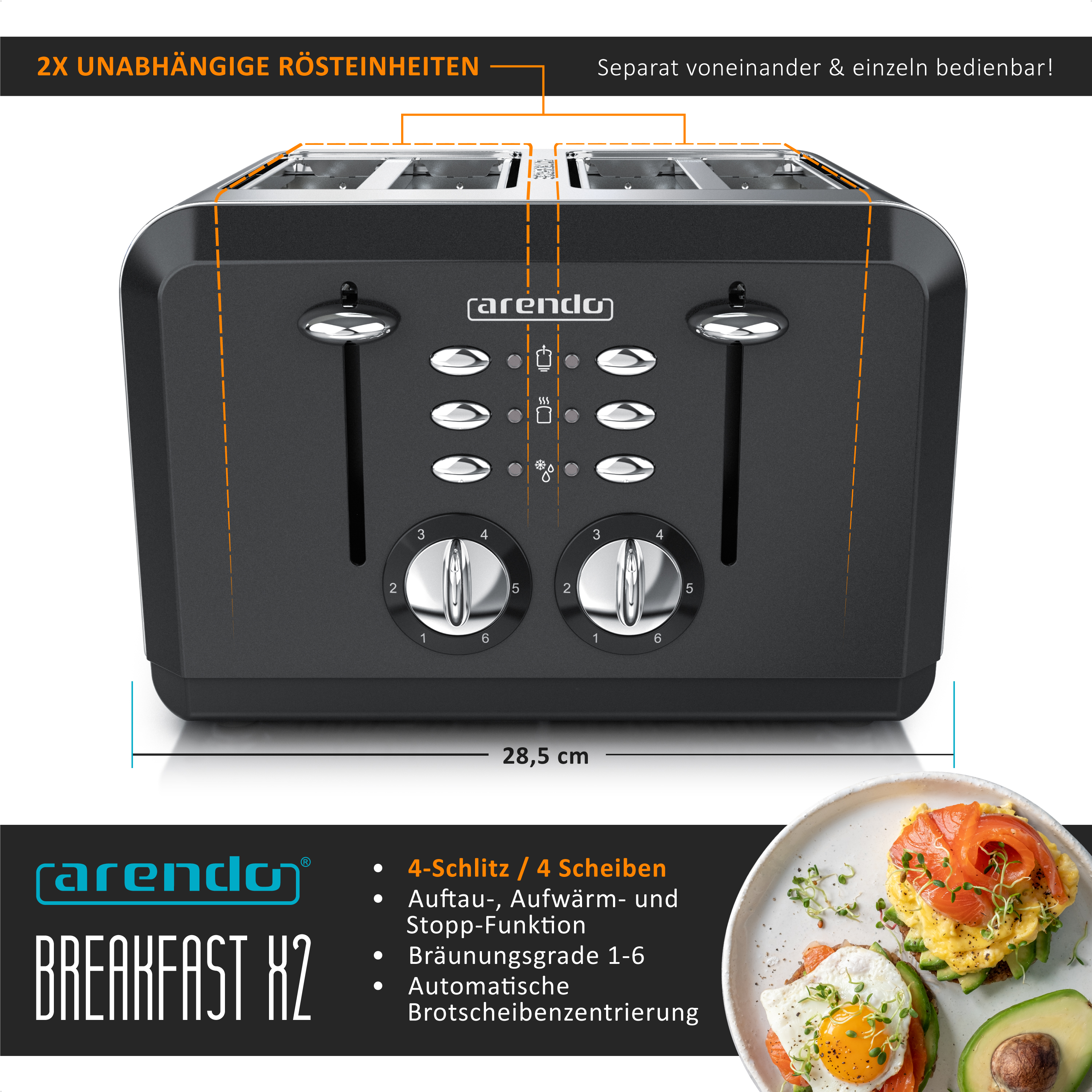 Schwarzer Toaster mit 4 Schlitzen, Knöpfen und einem Bild von Avocado-Toast.