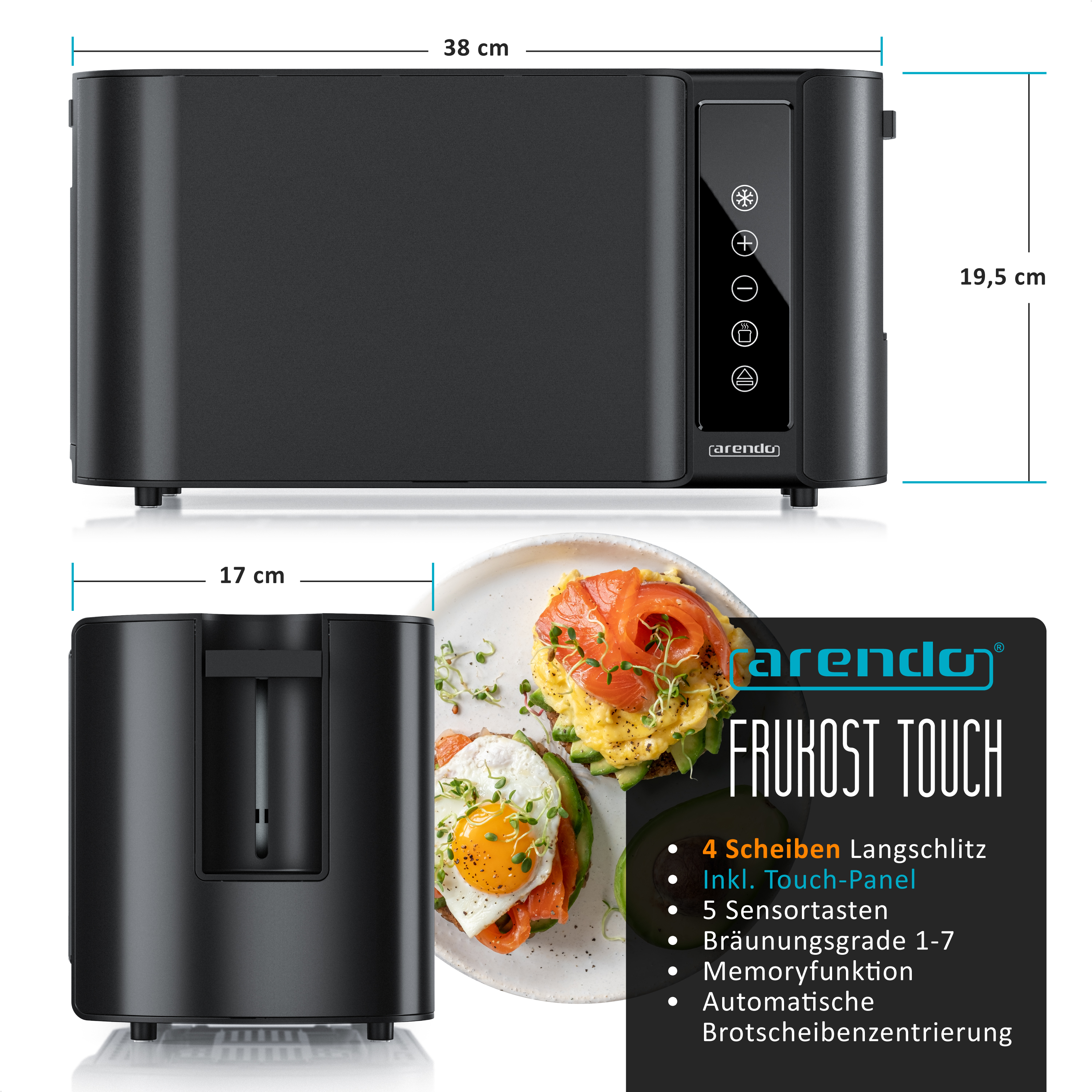 Schwarzer Toaster. Abmessungen und Funktionen werden gezeigt.