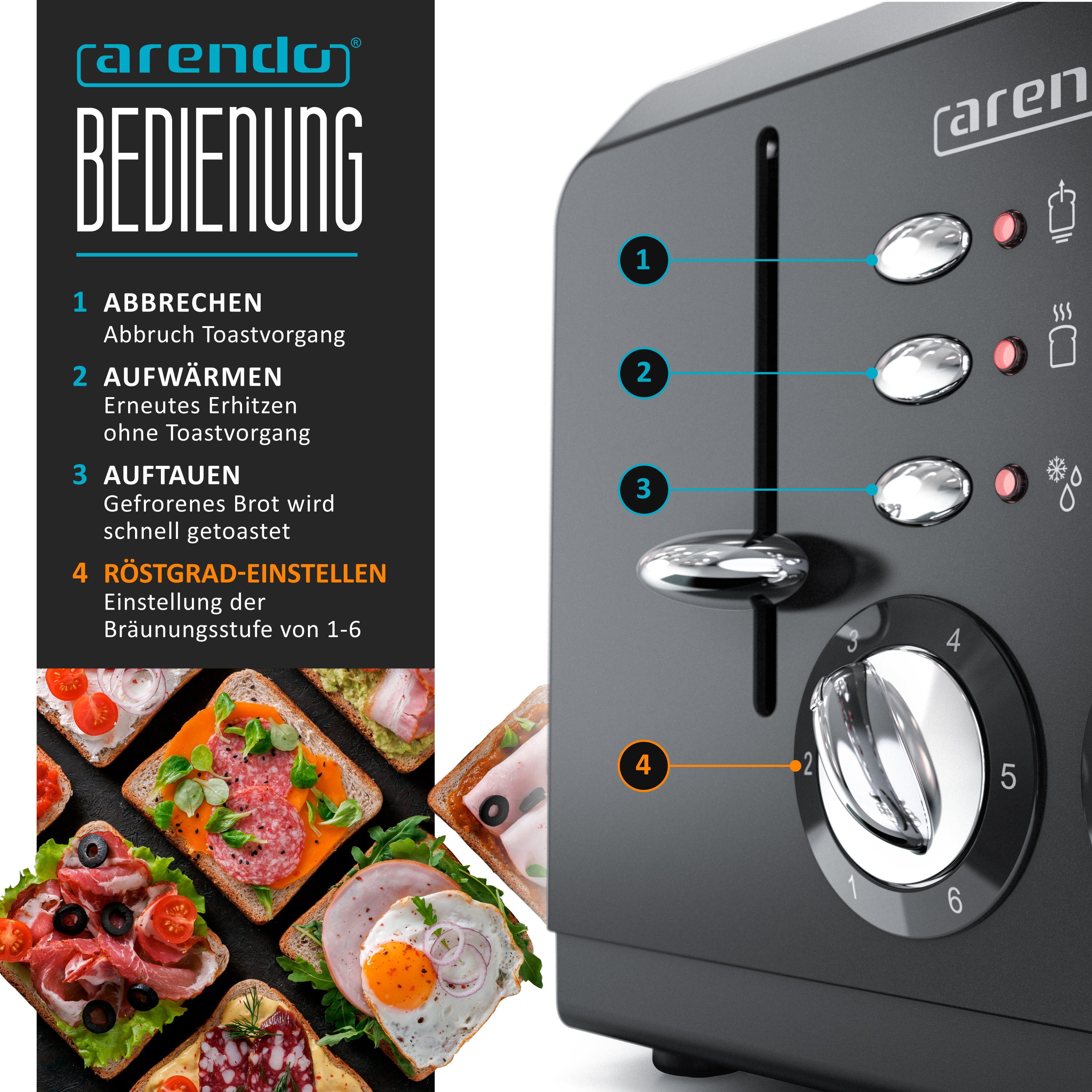 Nahaufnahme eines schwarzen Toasters mit Bedienelementen. Toastscheiben mit Belag.