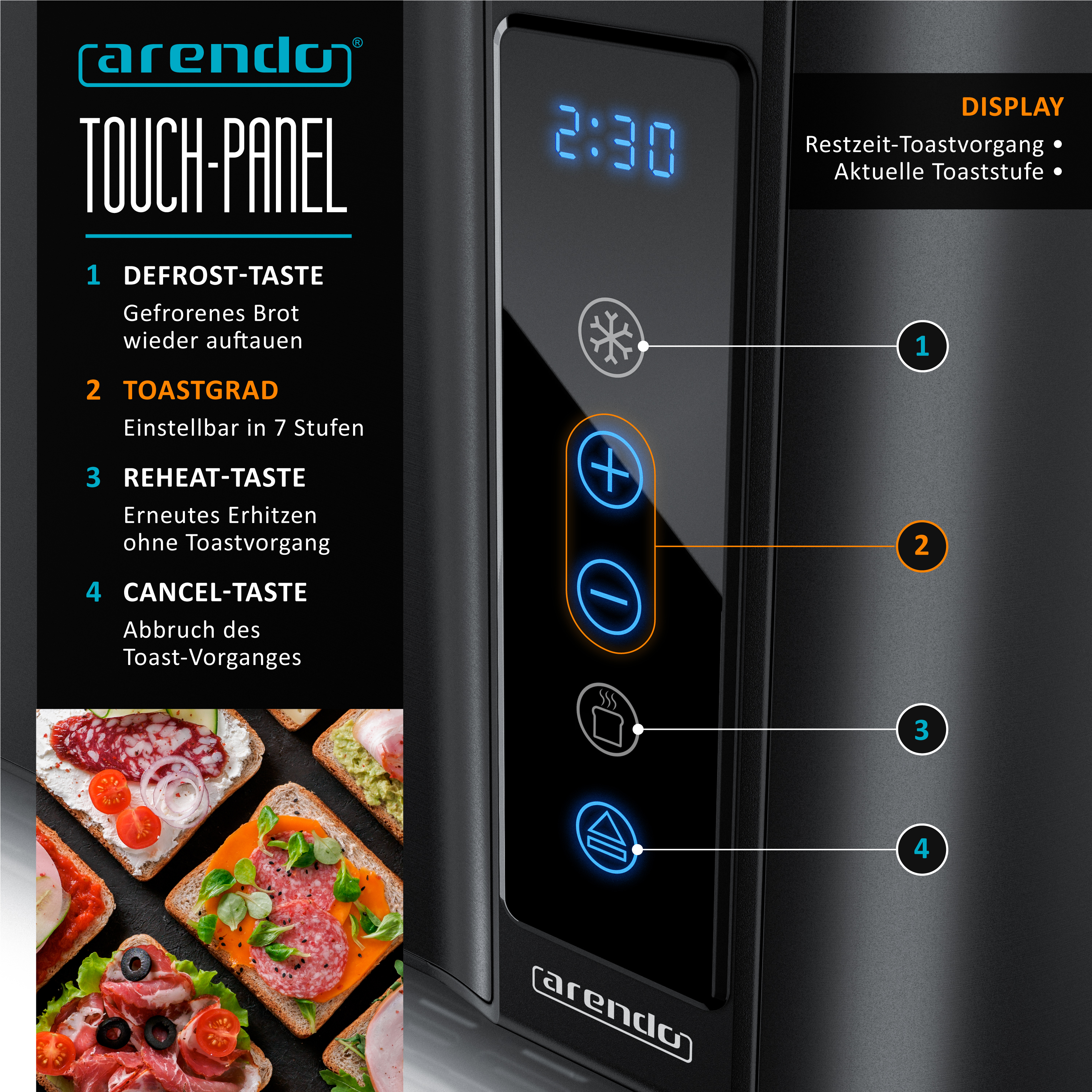 Schwarzer Toaster mit Touchpanel und Digitalanzeige. Anzeige zeigt Zeit und Toastoptionen.