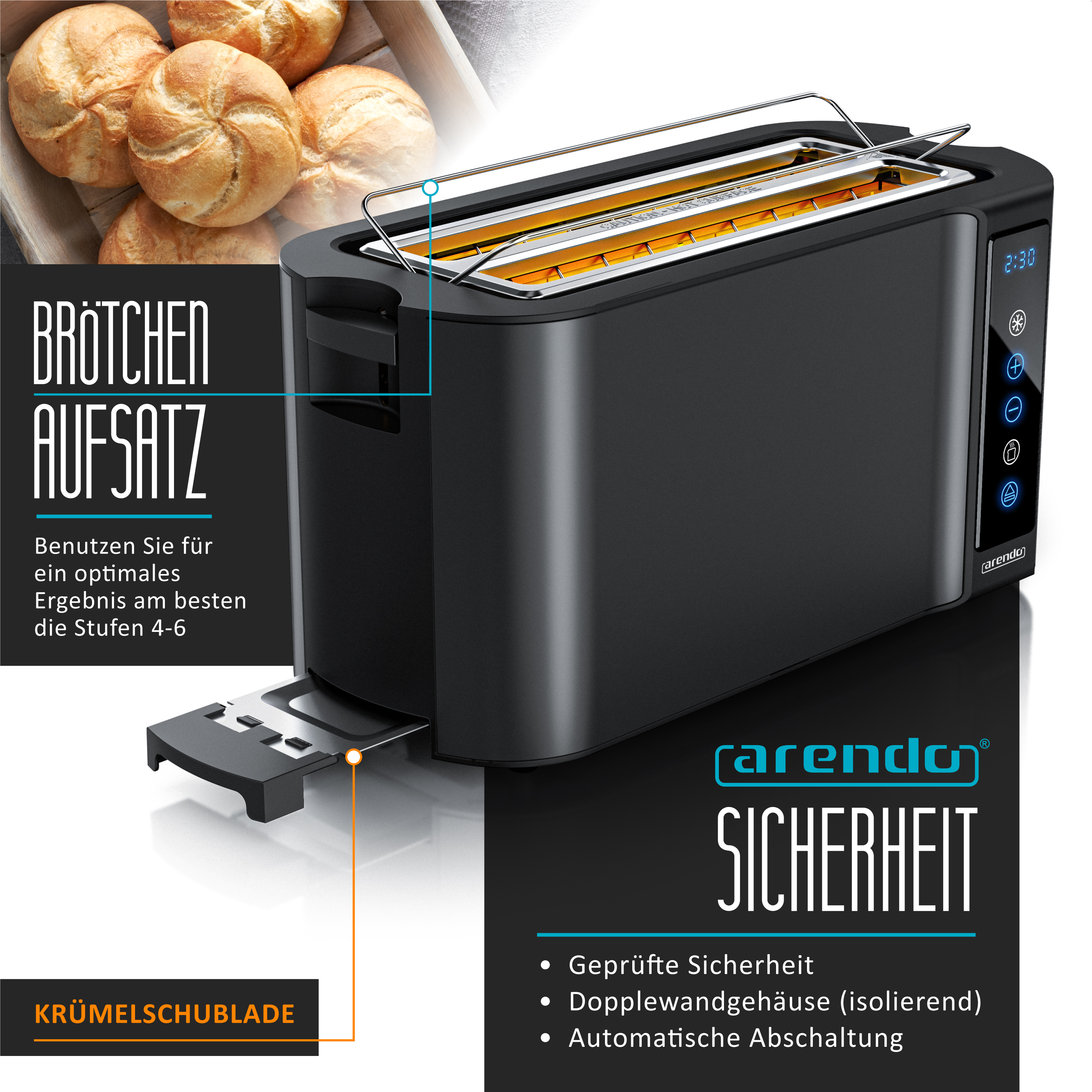 Schwarzer Toaster mit Text und Brot, Hervorhebung von Funktionen und Sicherheit.