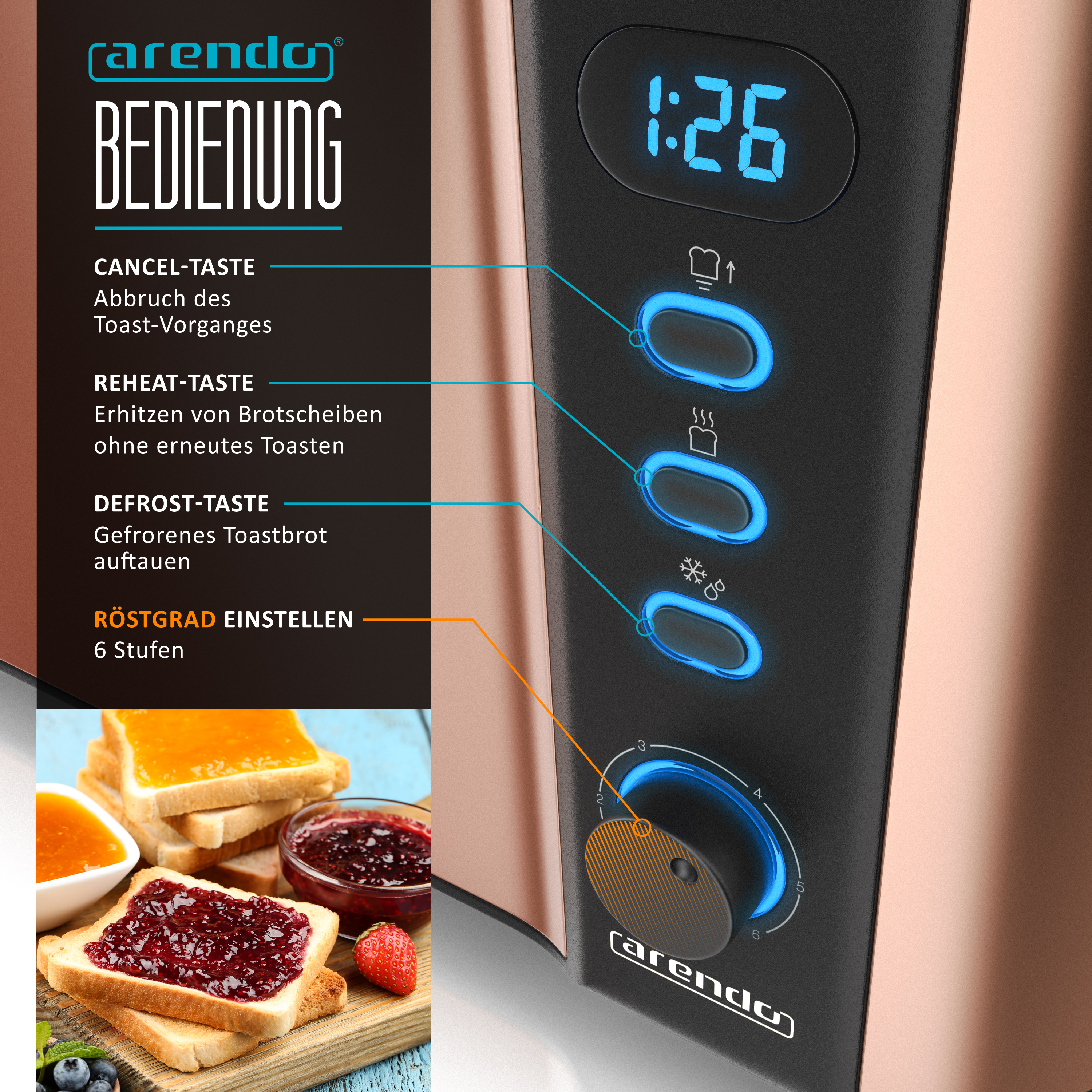 Toaster mit Bedienelementen. Zeigt Einstellungen und Toast. Text: Abbruch, Aufwärmen...