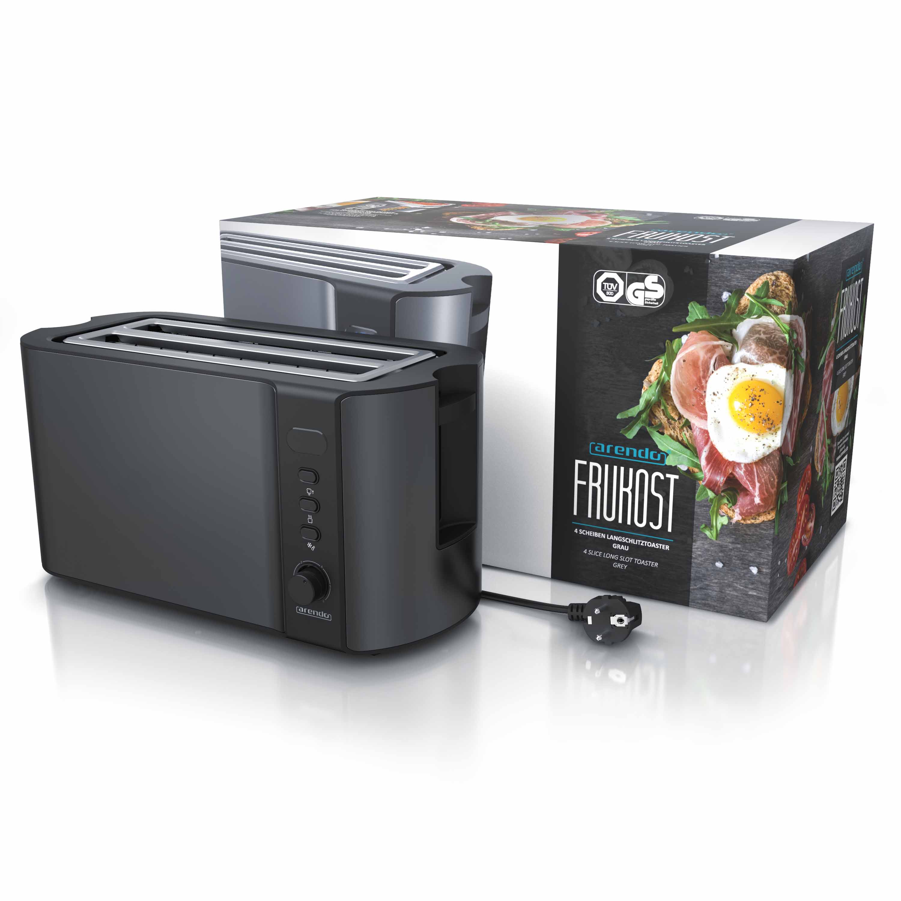 Schwarzer Toaster mit Karton. Der Karton hat ein Bild von Toast mit Ei.